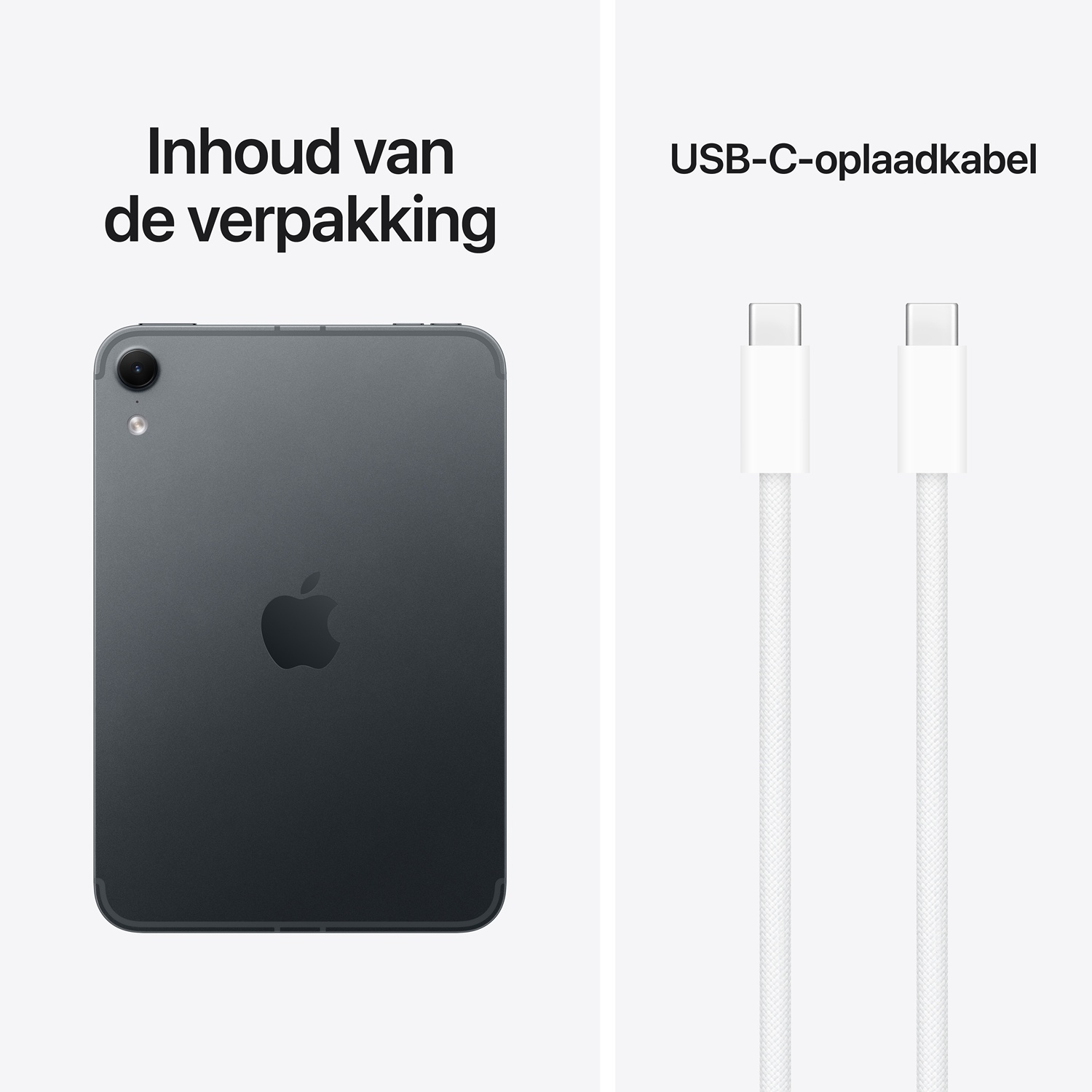 Inhoud van de verpakking met een grijze tablet en een witte USB-C-kabel op witte achtergrond.