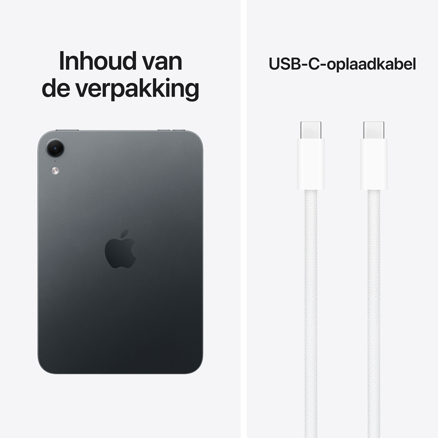 Inhoud van de verpakking toont een grijze tablet en een witte USB-C-kabel.