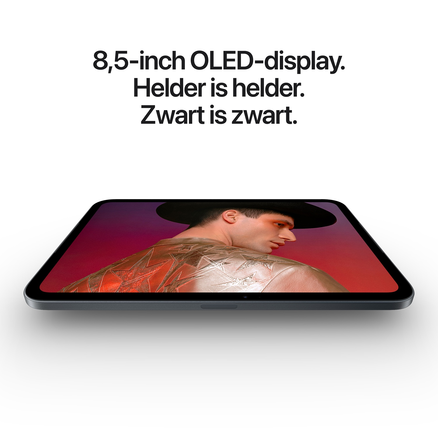 Een tablet met een OLED-scherm en Nederlandse tekst erboven.