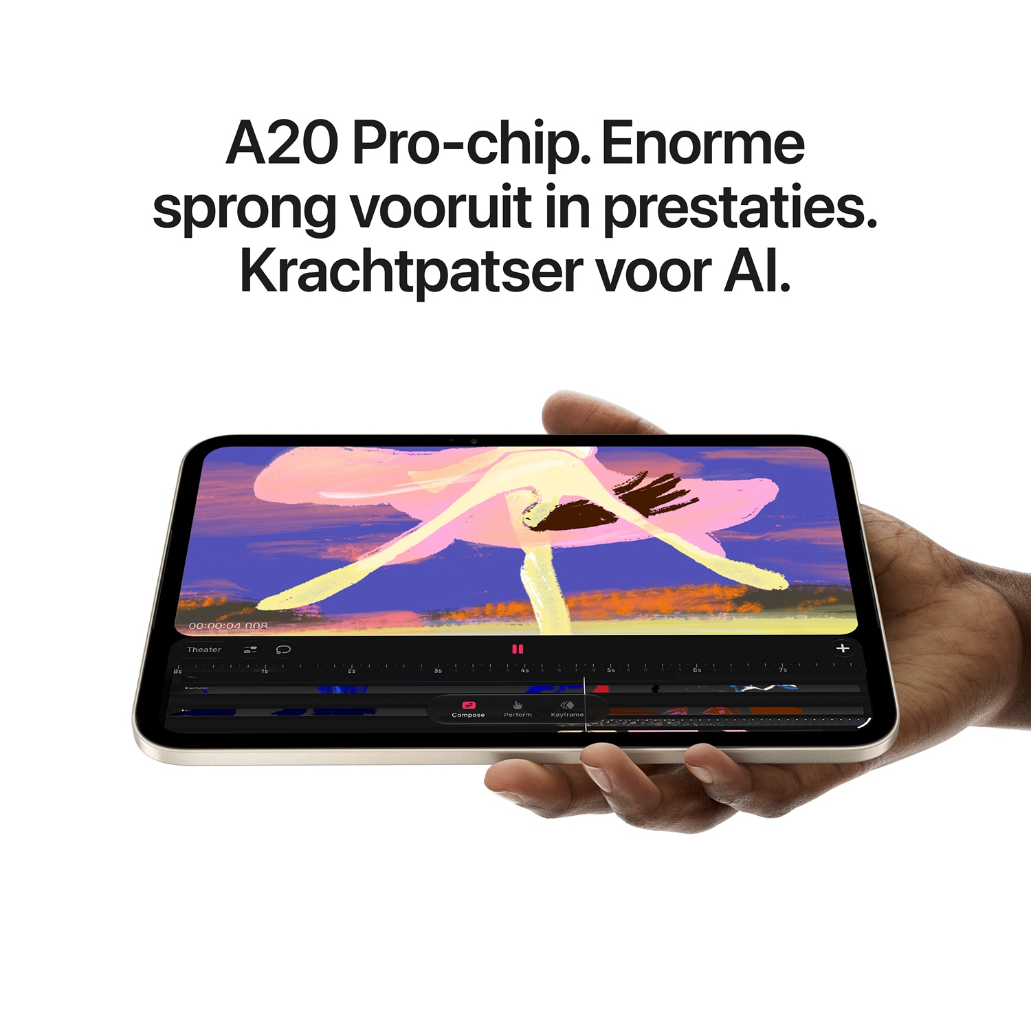 Een hand houdt een tablet vast met een videobewerkingsscherm en tekst over de chip.