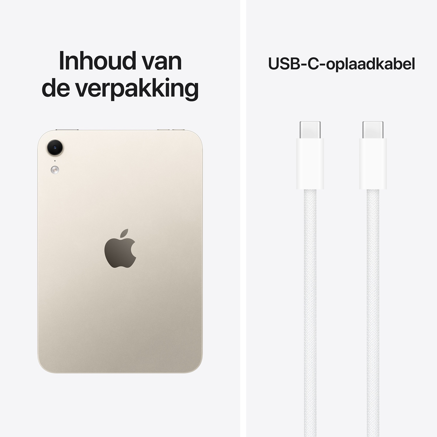 Inhoud van de verpakking met een goudkleurige tablet en twee USB-C-oplaadkabels op een witte achtergrond.