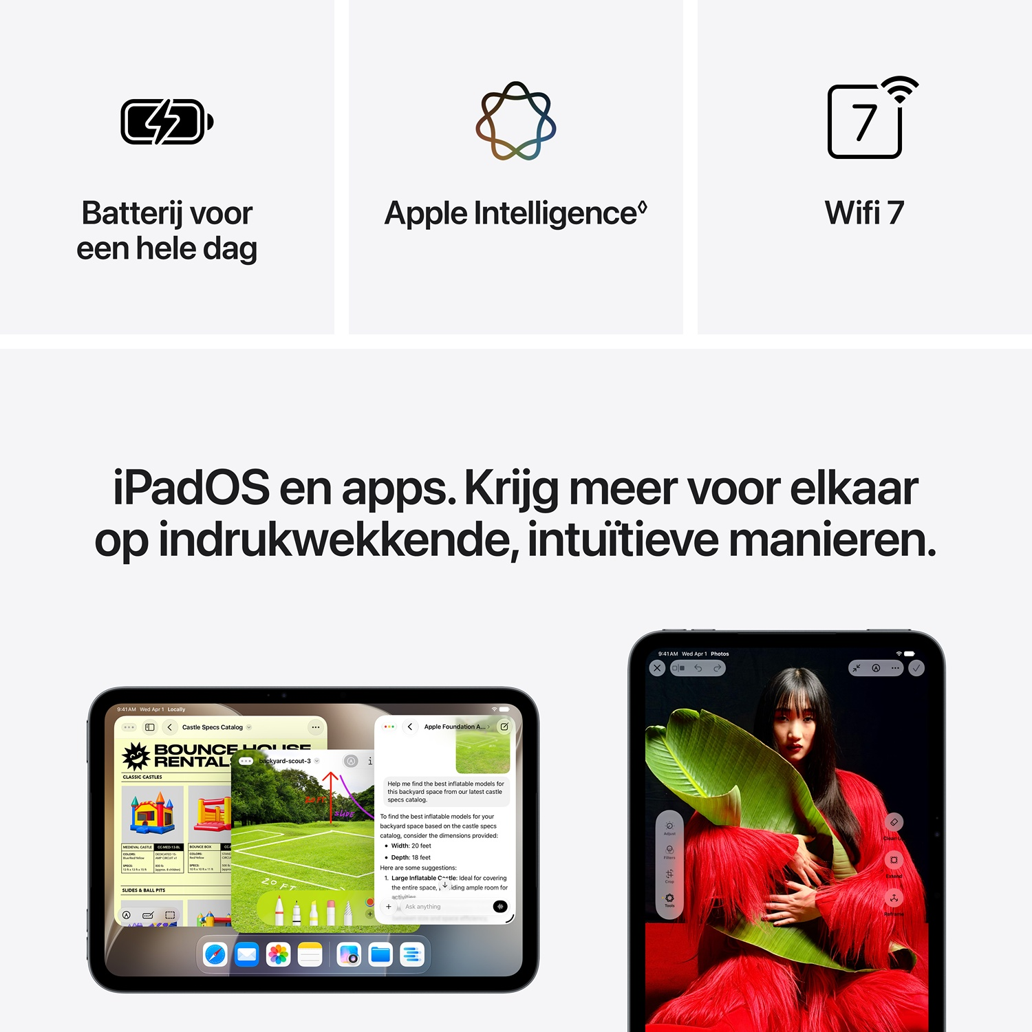 Scherm toont iPadOS-functies, apps, Apple Intelligence en wifi 7.