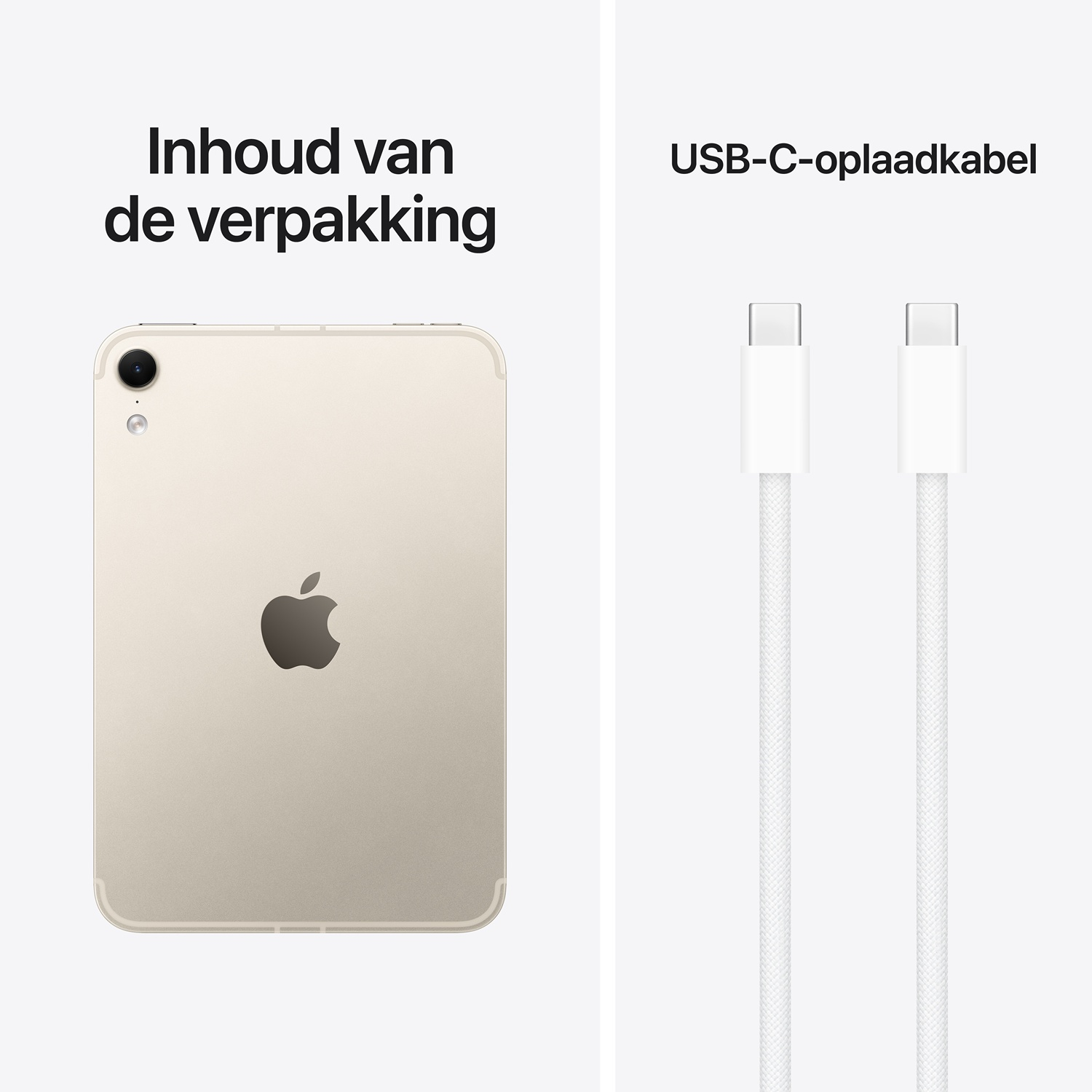 Inhoud van de verpakking met een iPad en een USB-C-oplaadkabel.