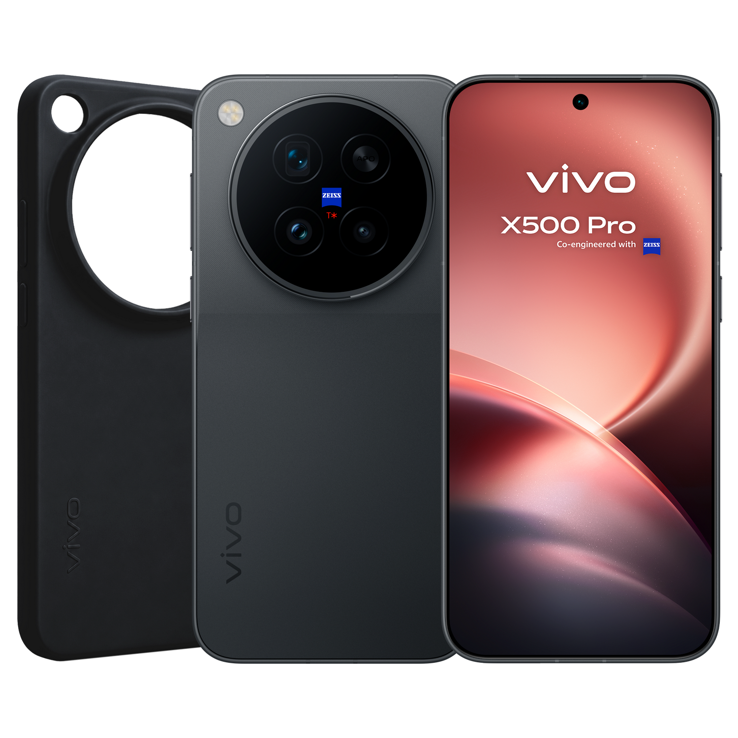 Tres vistas del smartphone Vivo X500 Pro: funda, trasera gris con cámara redonda y frontal con pantalla.