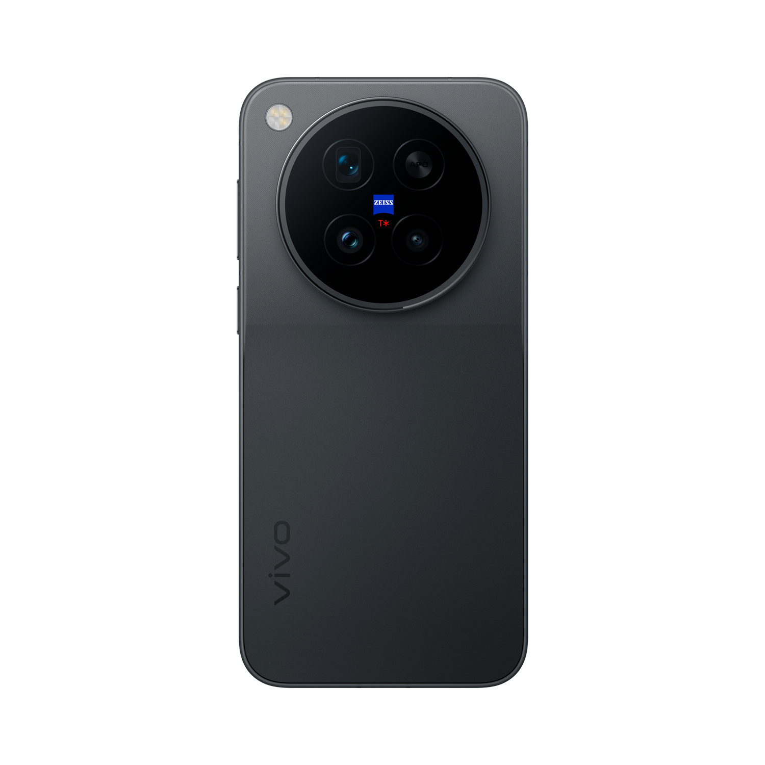 Parte trasera de un smartphone vivo gris con un gran módulo de cámara circular y logotipo de Zeiss sobre fondo negro.