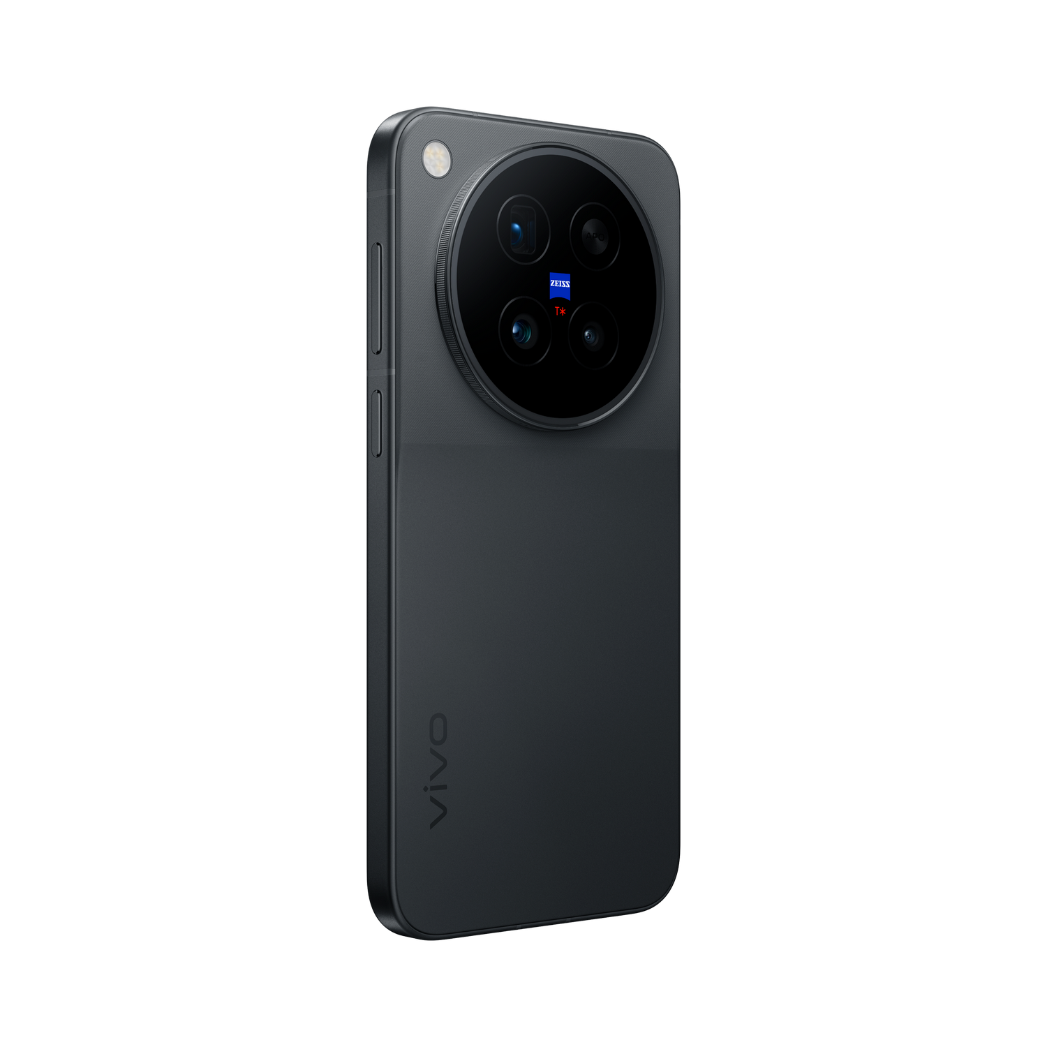 Parte trasera de un smartphone vivo gris con un gran módulo de cámara redondo y logo de Zeiss sobre fondo negro.