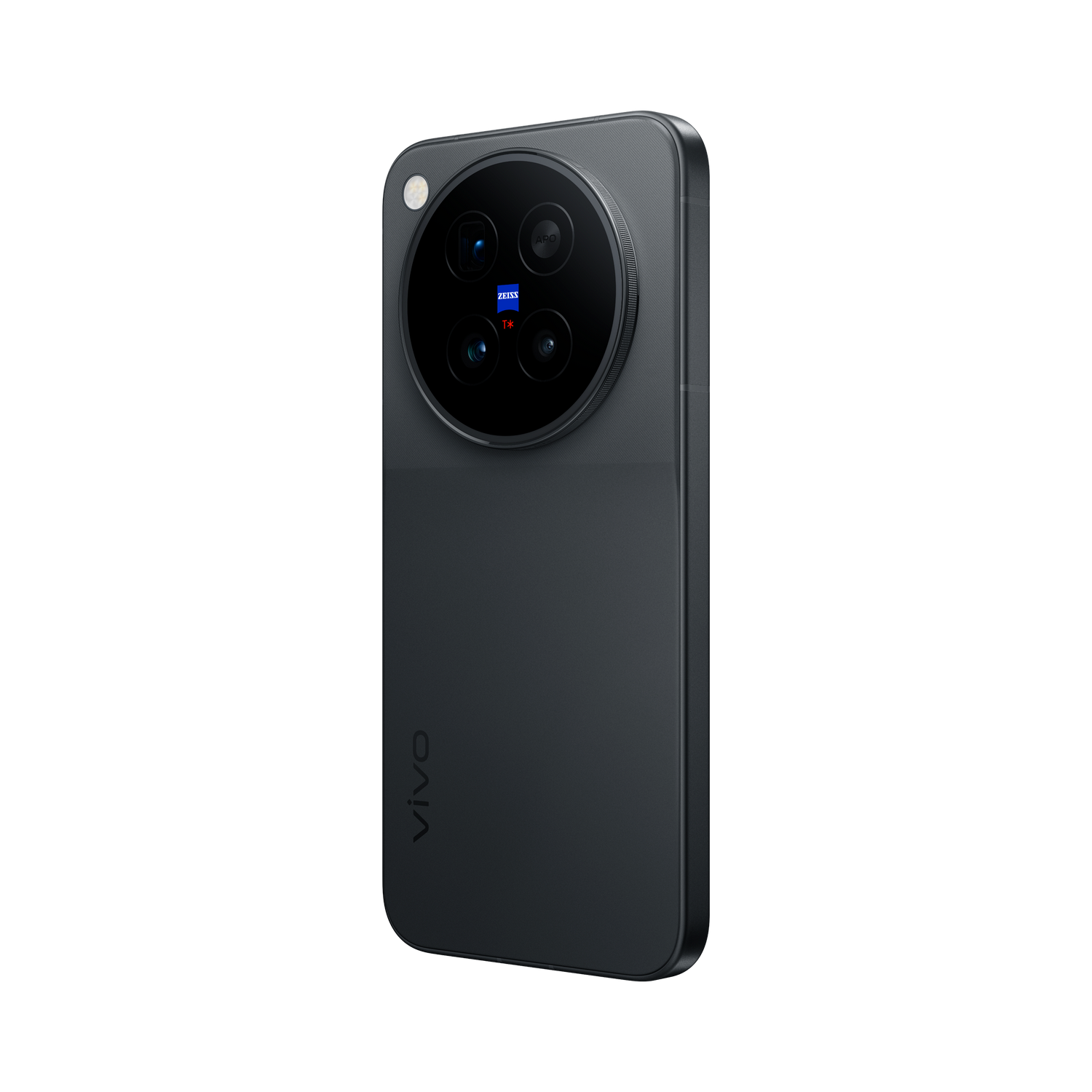 Parte trasera de un smartphone oscuro con un gran módulo de cámara circular y el logotipo de vivo sobre fondo negro.
