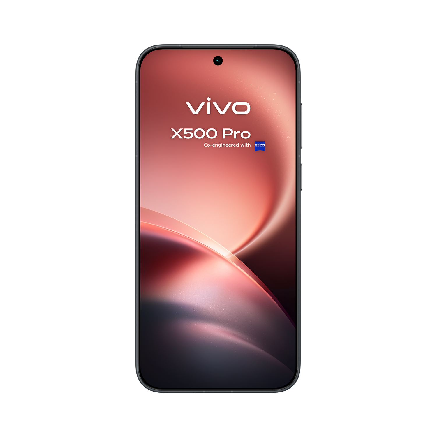 Un smartphone negro Vivo X500 Pro sobre fondo negro con un fondo de pantalla de onda roja.