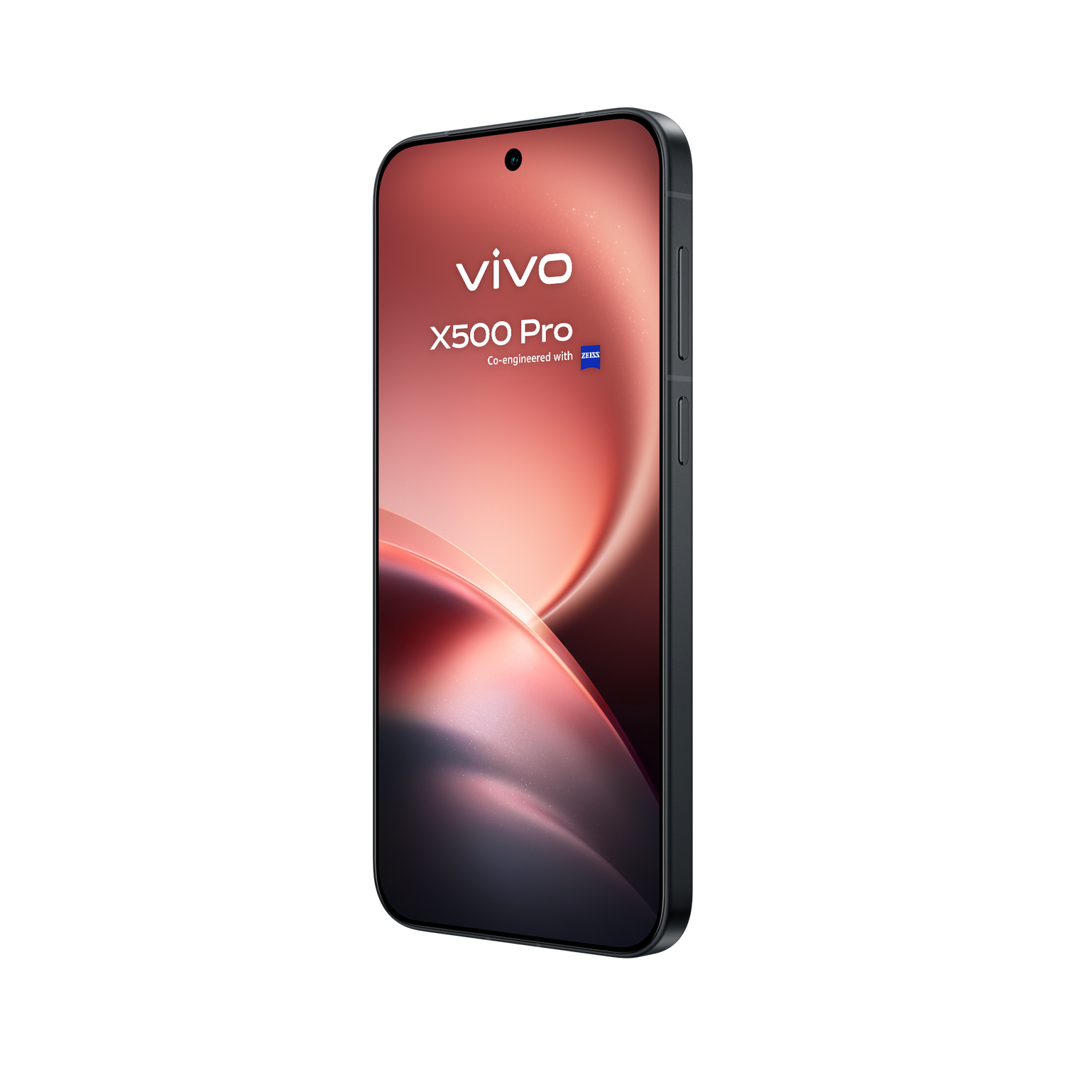 Un smartphone Vivo X500 Pro negro con pantalla roja sobre fondo negro.