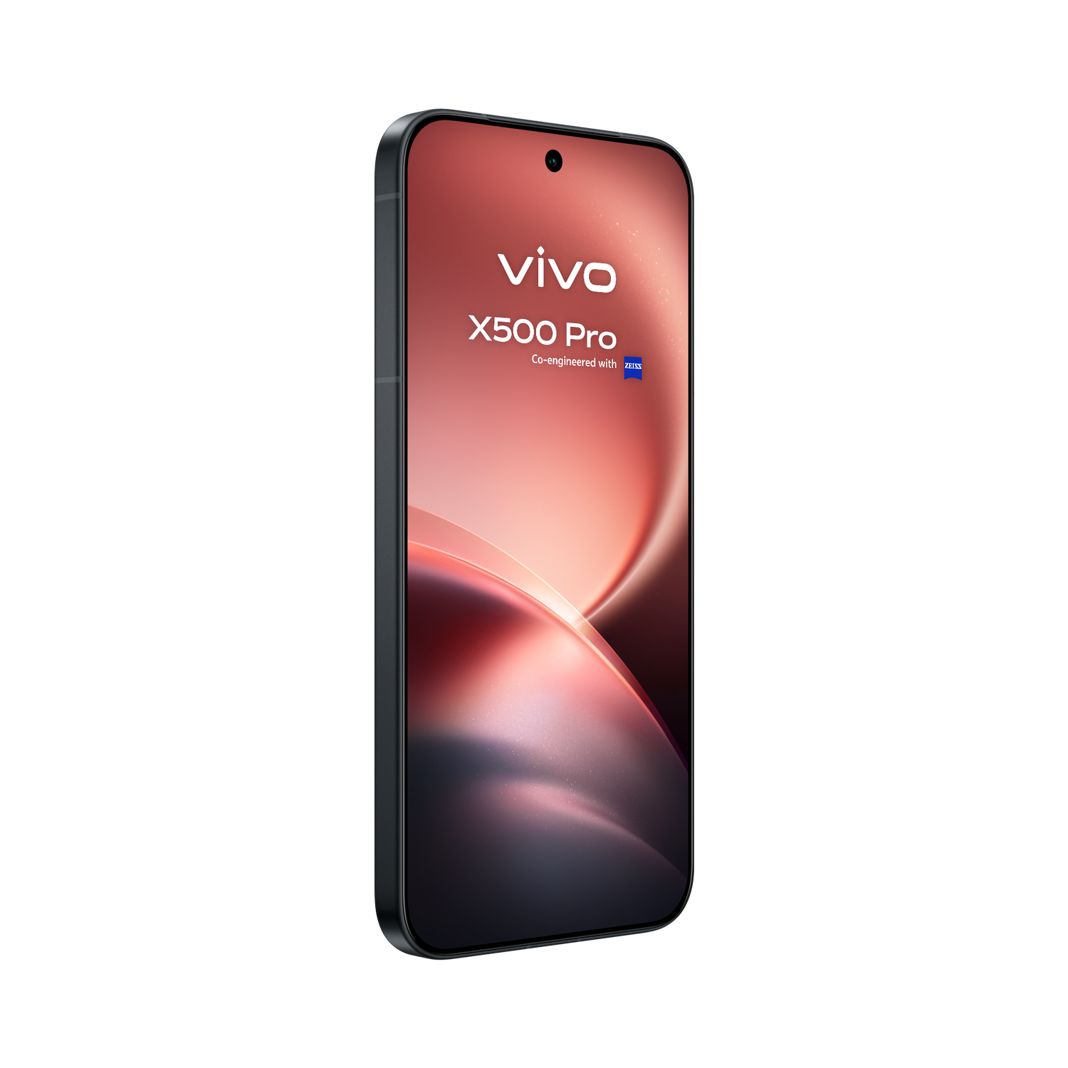 Un smartphone negro Vivo X500 Pro sobre fondo negro con pantalla roja.