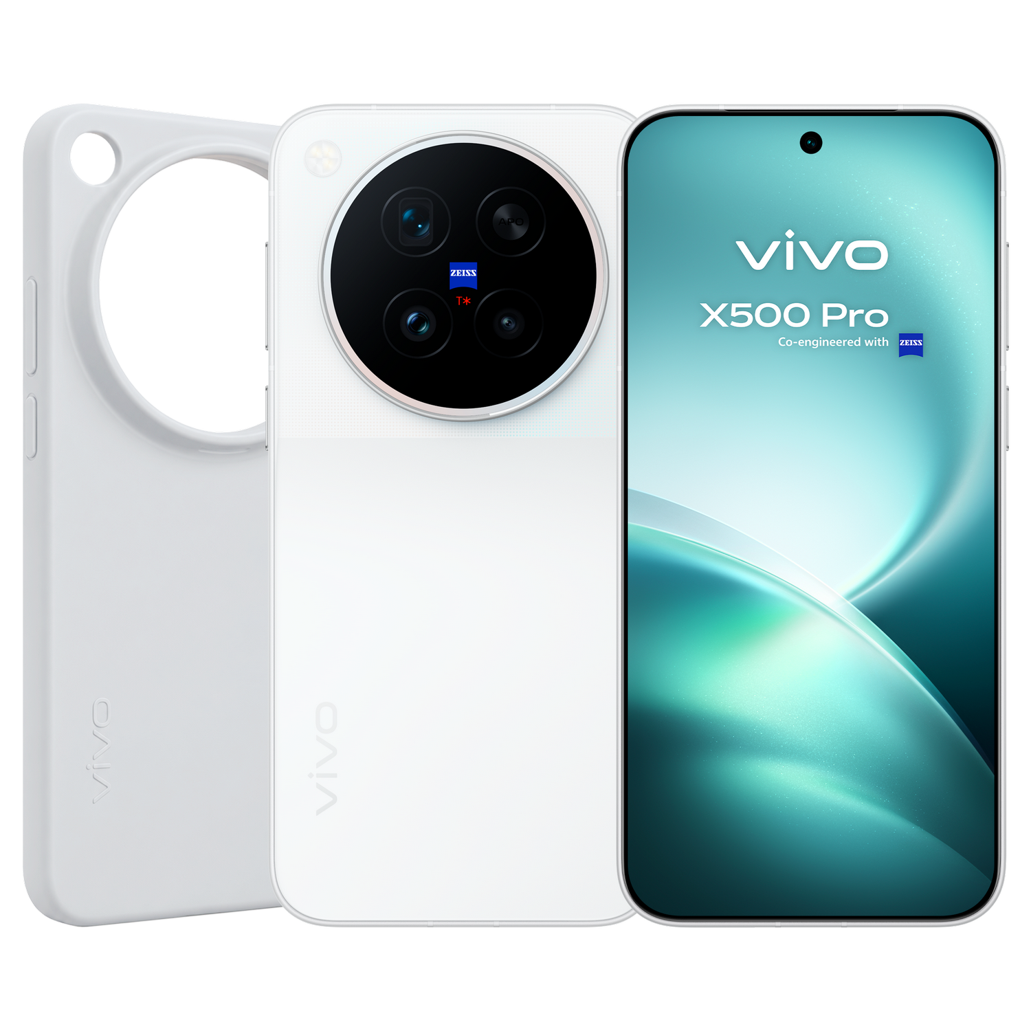 Tres vistas del smartphone Vivo X500 Pro: funda, parte trasera blanca con cámara redonda y parte delantera azul brillante.