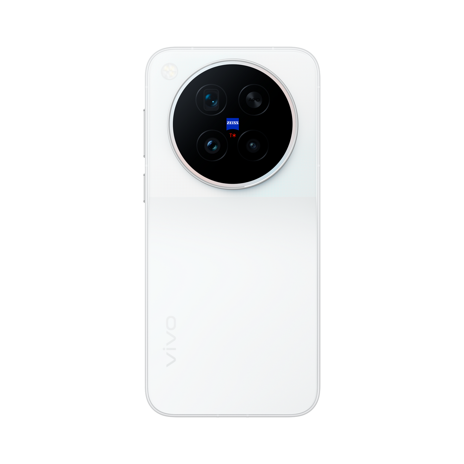 La parte trasera de un smartphone blanco con un gran módulo de cámara redondo y el logotipo de vivo.