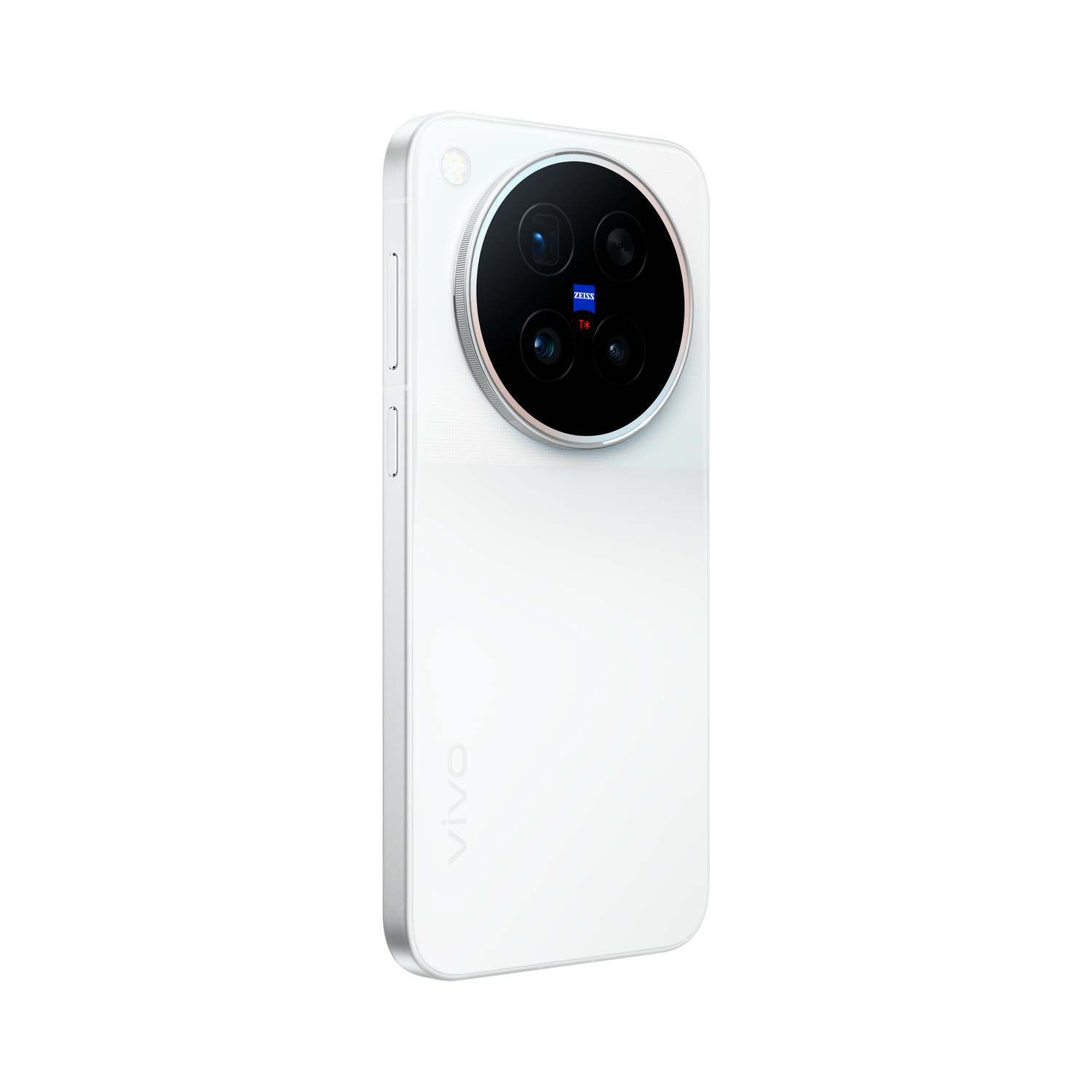 Vista trasera de un smartphone blanco con un gran módulo de cámara redondo y el logotipo de Zeiss sobre fondo negro.