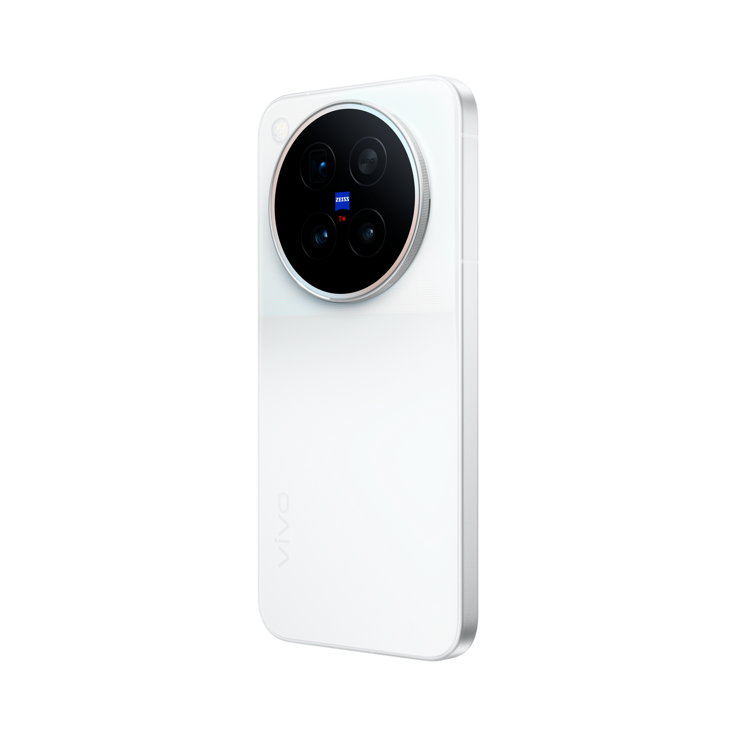 Vista trasera de un smartphone blanco con un módulo de cámara redondo y logotipo de Zeiss, sobre fondo negro.