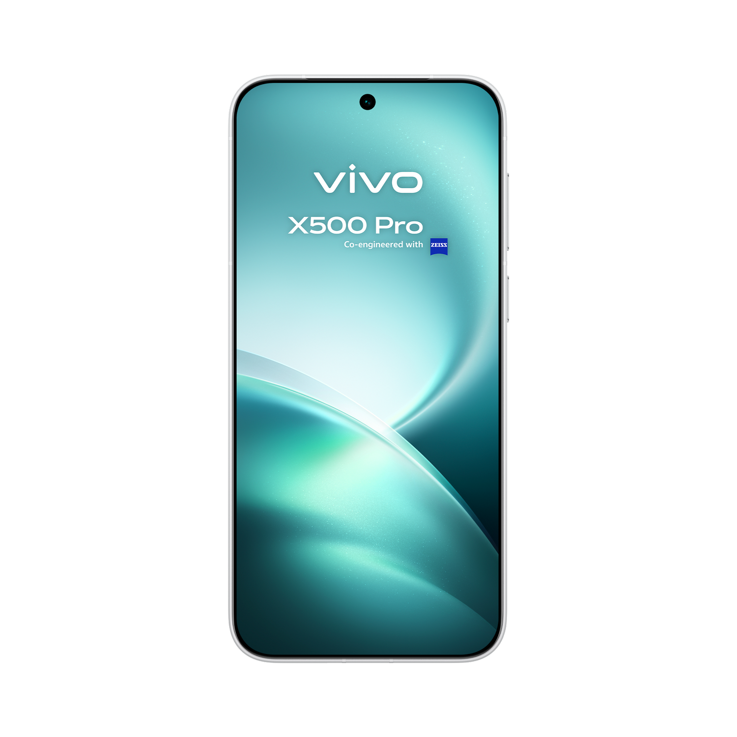 Vista frontal del teléfono inteligente Vivo X500 Pro con fondo turquesa vibrante.