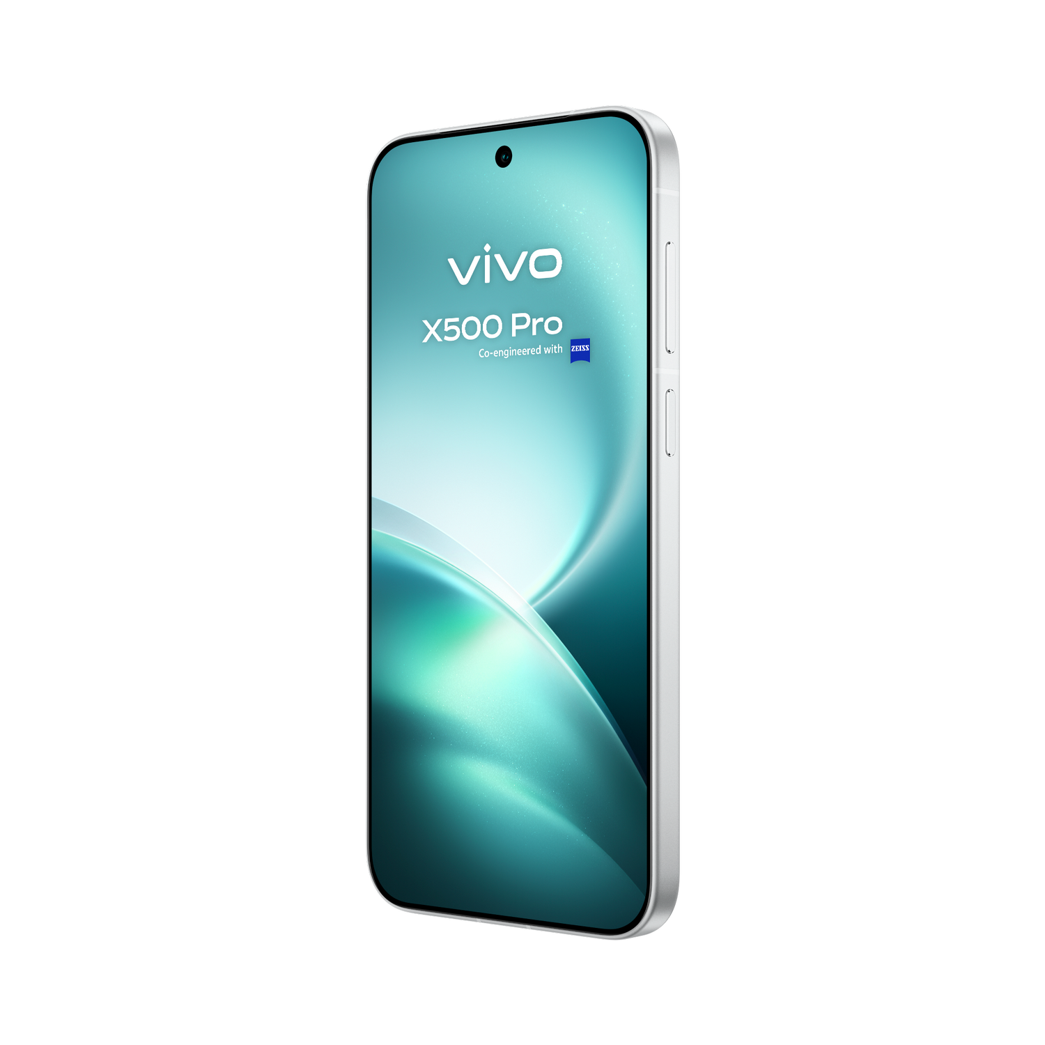 Un smartphone plateado Vivo X500 Pro con un fondo de pantalla turquesa brillante sobre un fondo negro.