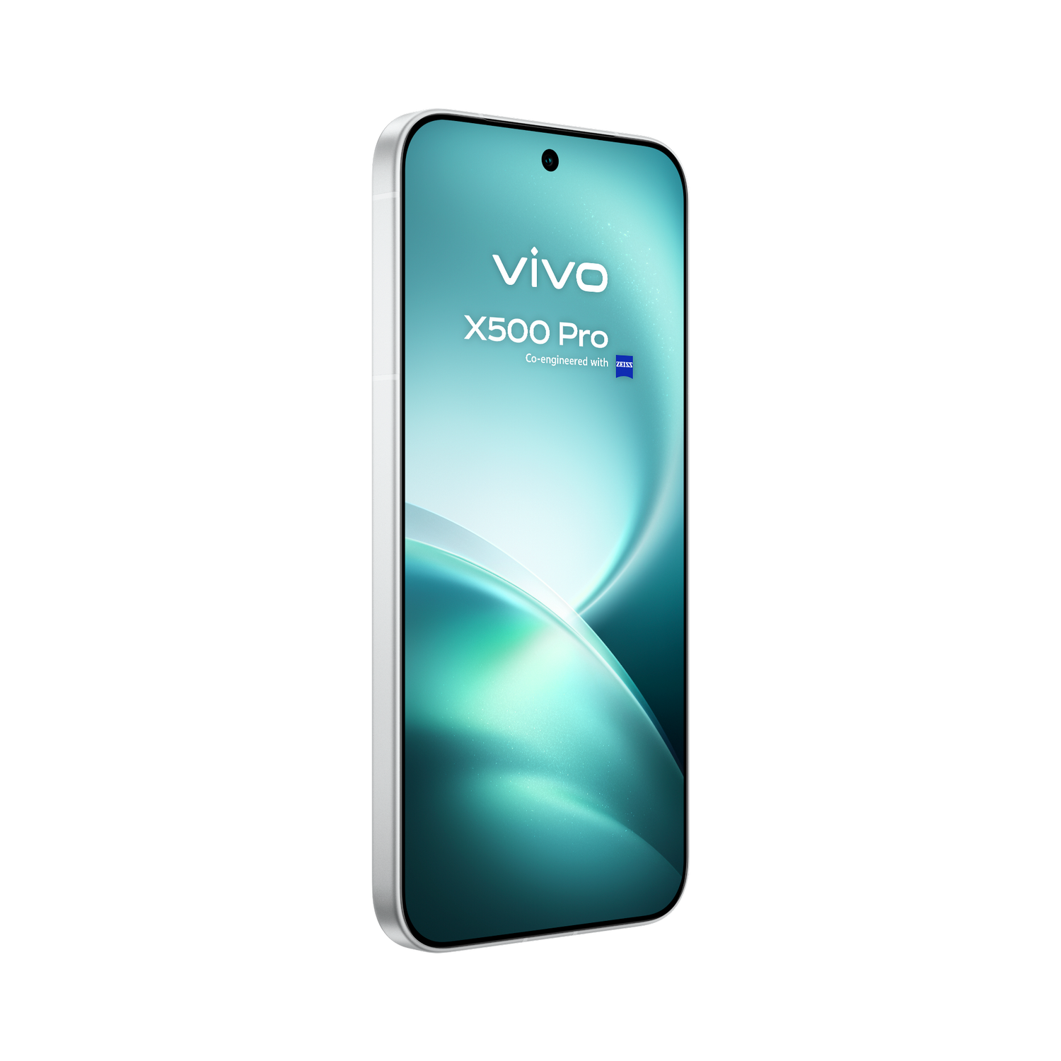 Un smartphone blanco Vivo X500 Pro sobre fondo negro con una pantalla turquesa.