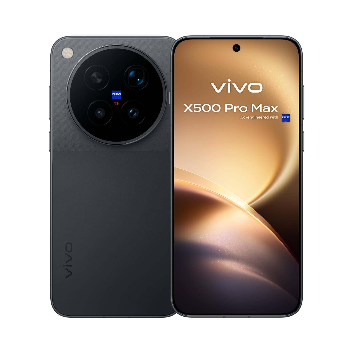 El smartphone gris Vivo X500 Pro Max muestra su parte delantera y trasera con un gran módulo de cámara sobre fondo negro.