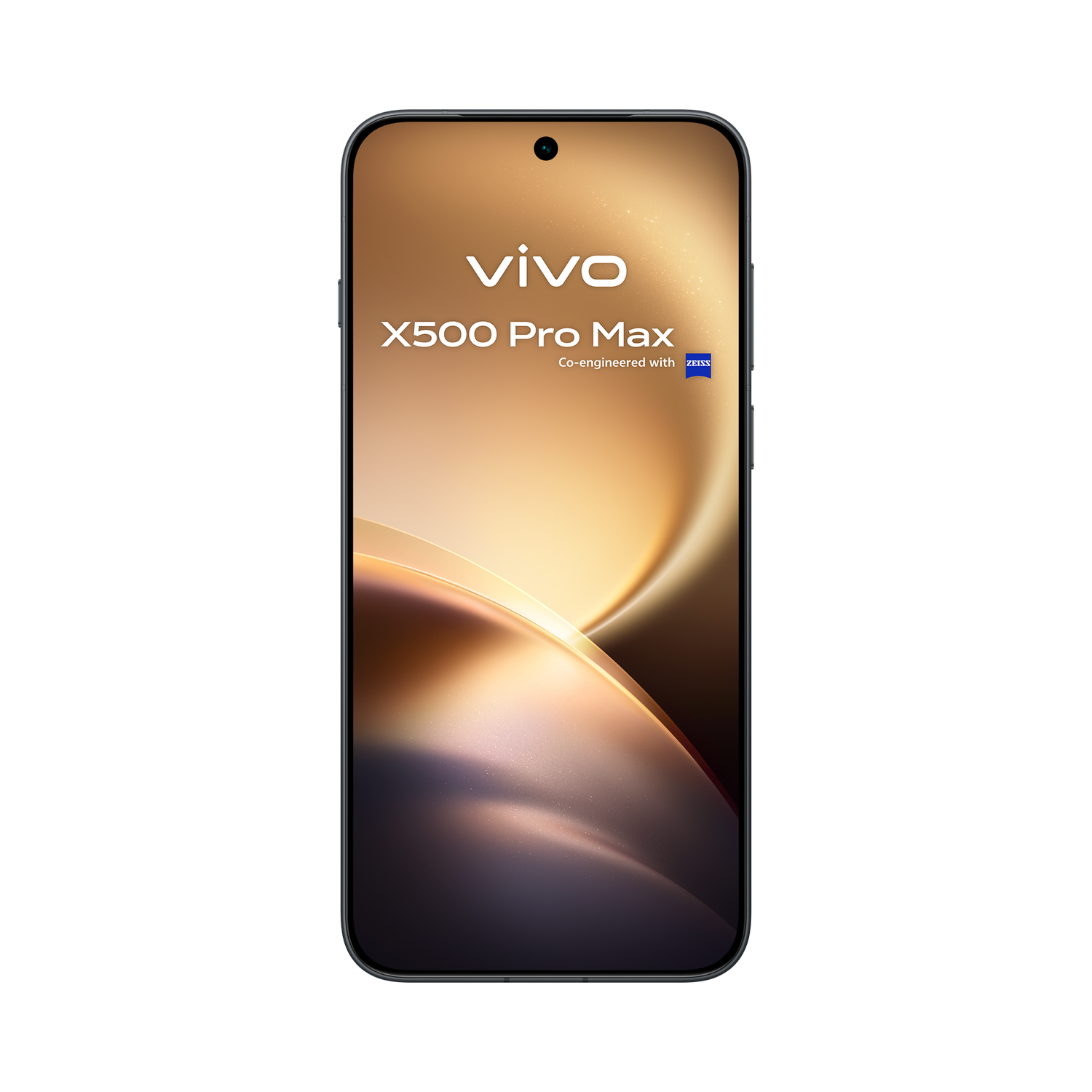 Un smartphone negro con texto vivo X500 Pro Max y logo de Zeiss en su pantalla dorada sobre fondo negro.
