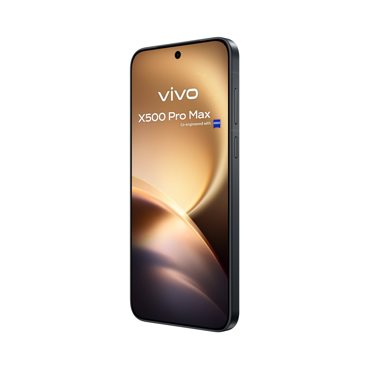 Un smartphone negro Vivo X500 Pro Max con pantalla dorada y texto sobre fondo negro.
