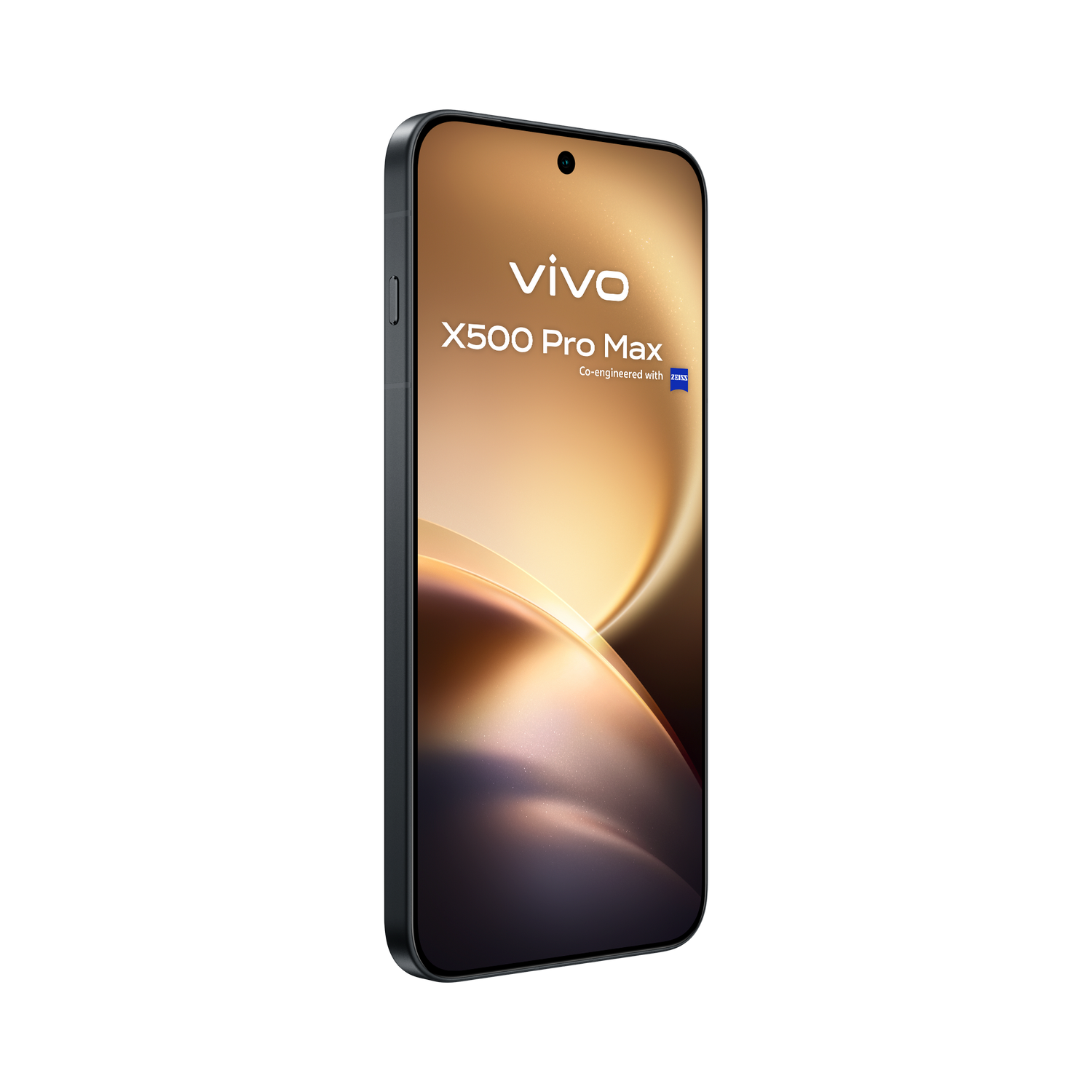 Un smartphone negro Vivo X500 Pro Max con fondo dorado en la pantalla sobre fondo negro.