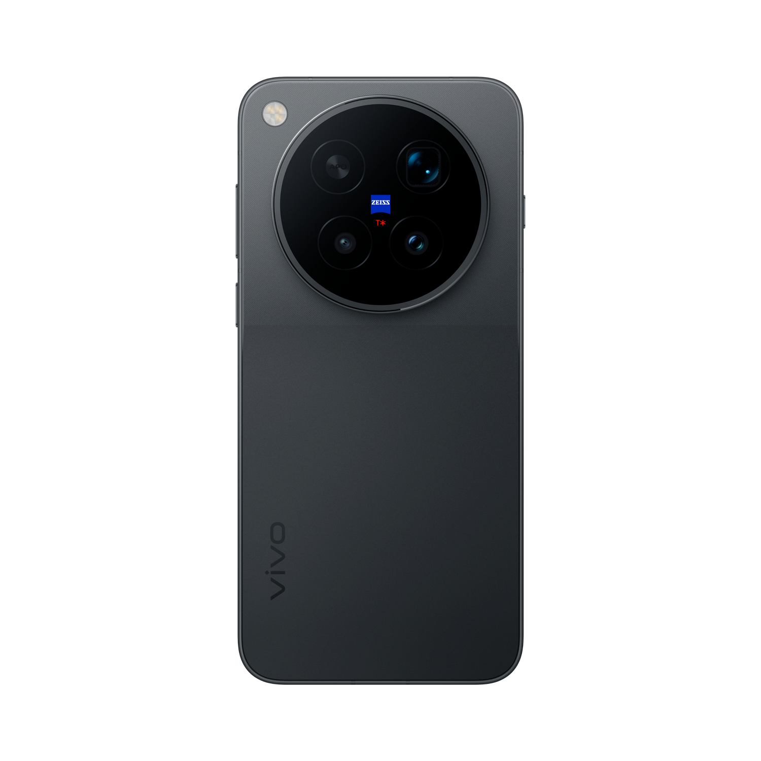 Parte trasera de un smartphone vivo gris con un gran módulo de cámara redondo y marca Zeiss sobre fondo negro.