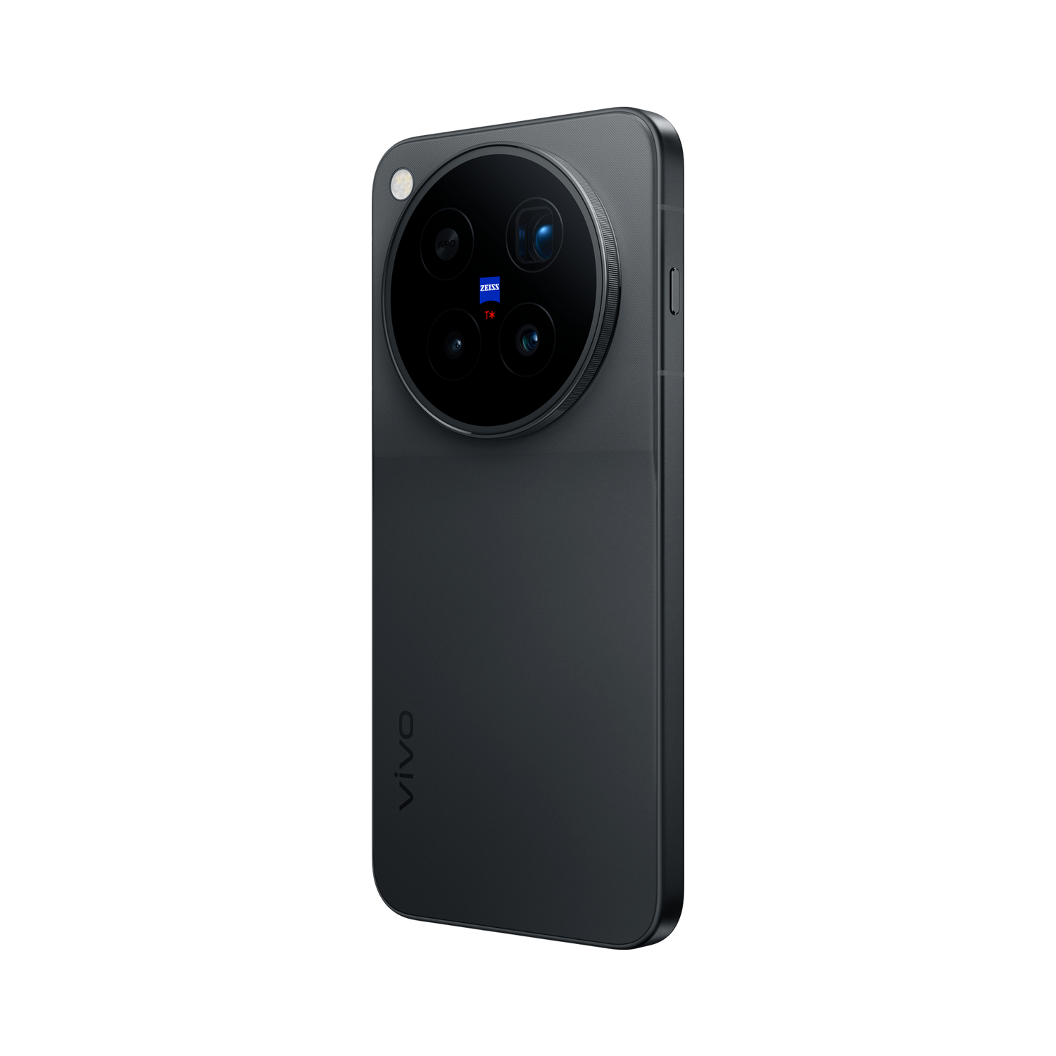 Parte trasera de un smartphone oscuro con un módulo de cámara Zeiss circular y el logo de vivo.