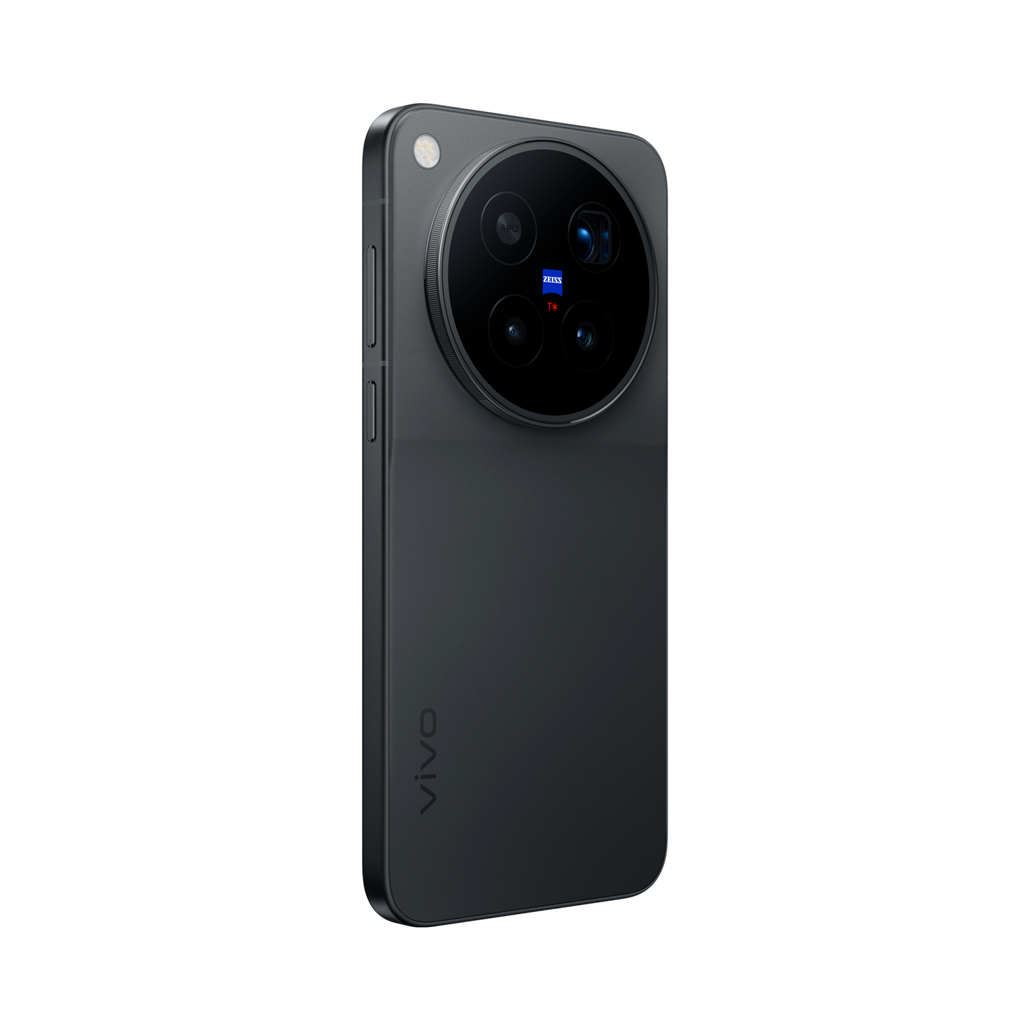 Parte trasera de un smartphone vivo negro con un gran módulo de cámara redondo y el logotipo de ZEISS.