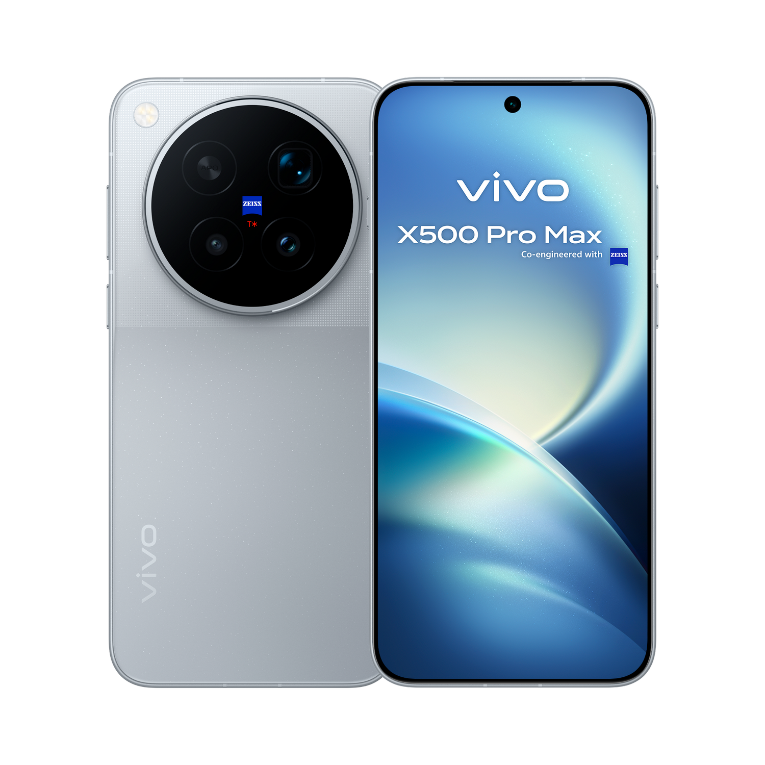Parte delantera y trasera del smartphone plateado Vivo X500 Pro Max con un gran módulo de cámara circular.