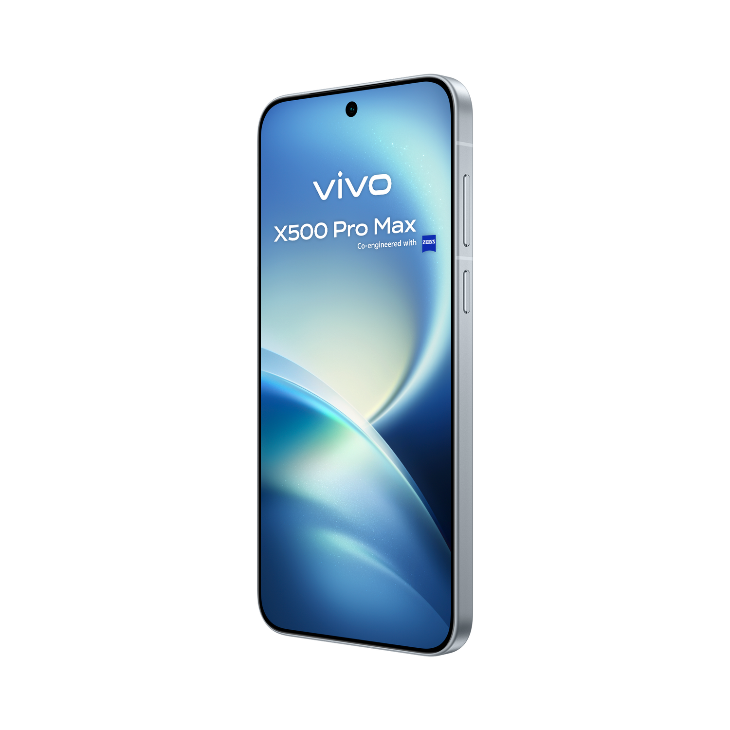 Un smartphone plateado Vivo X500 Pro Max sobre fondo negro con pantalla brillante.
