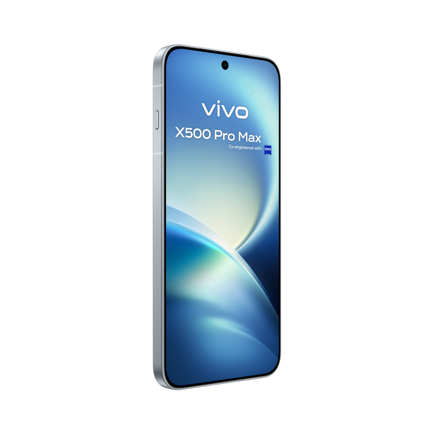 Un smartphone blanco Vivo X500 Pro Max sobre fondo negro con pantalla azul.
