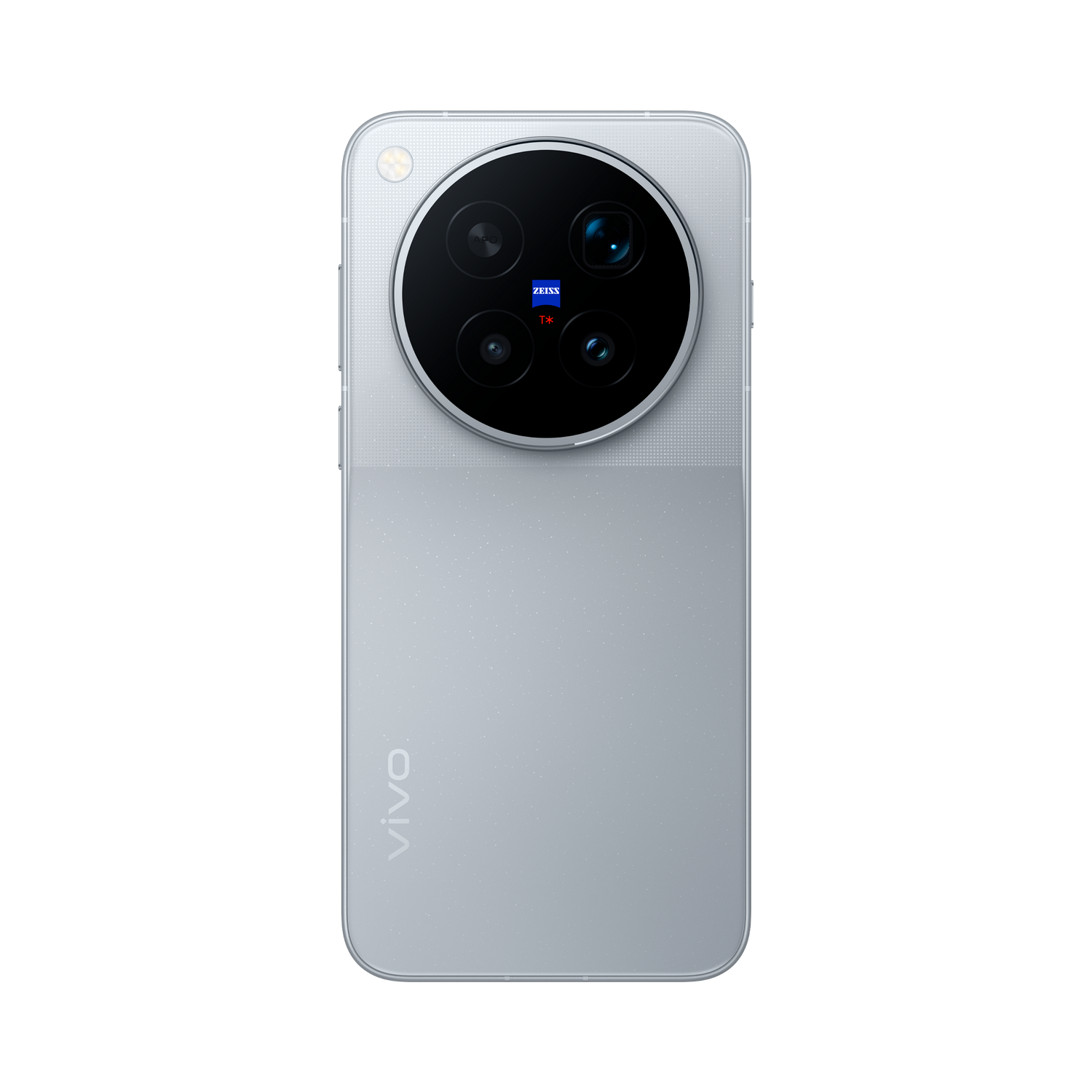Parte trasera de un smartphone plateado con un gran módulo de cámara redondo y logotipo de Zeiss sobre fondo negro.