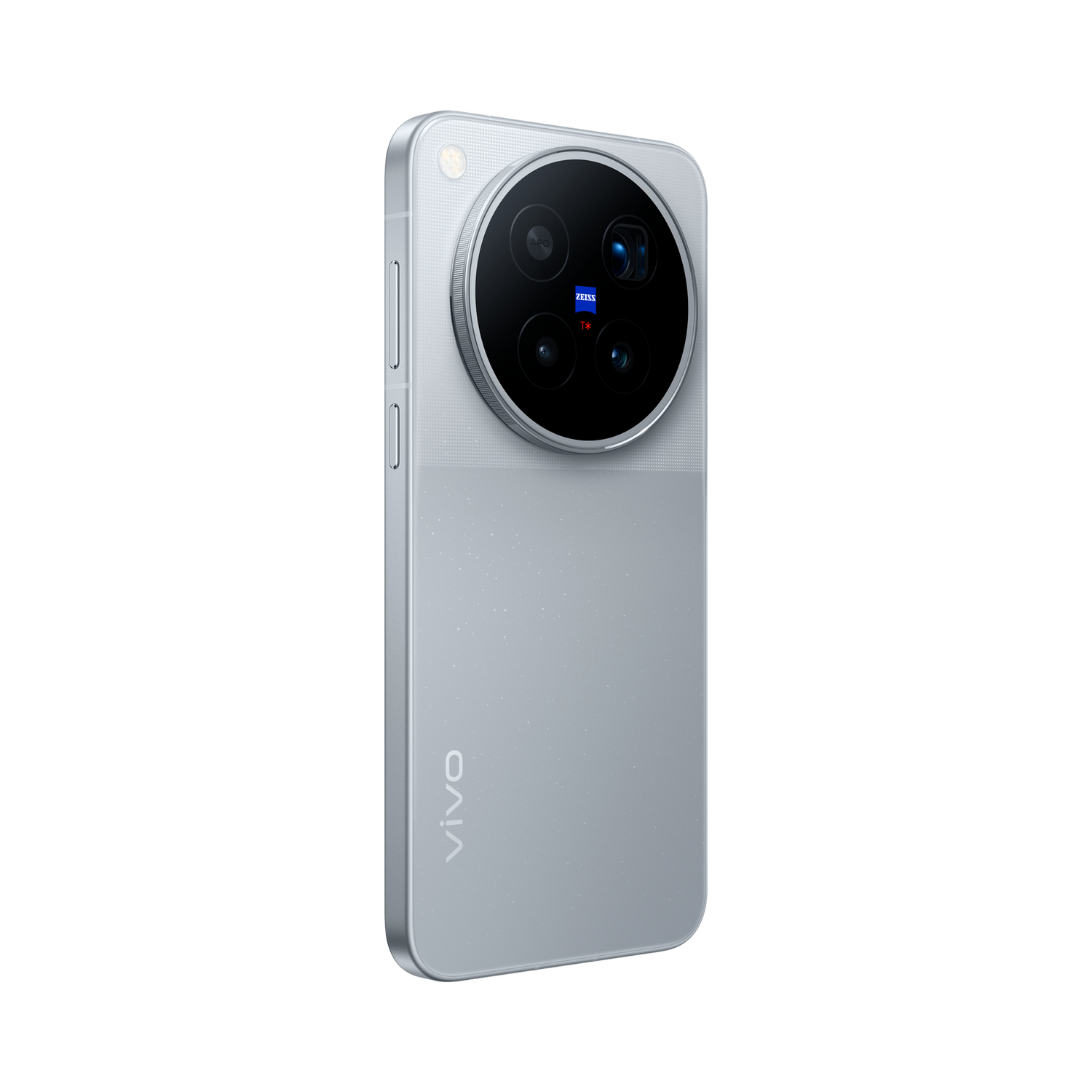 Vista trasera de un smartphone vivo plateado con un gran módulo de cámara circular y logotipo de Zeiss.