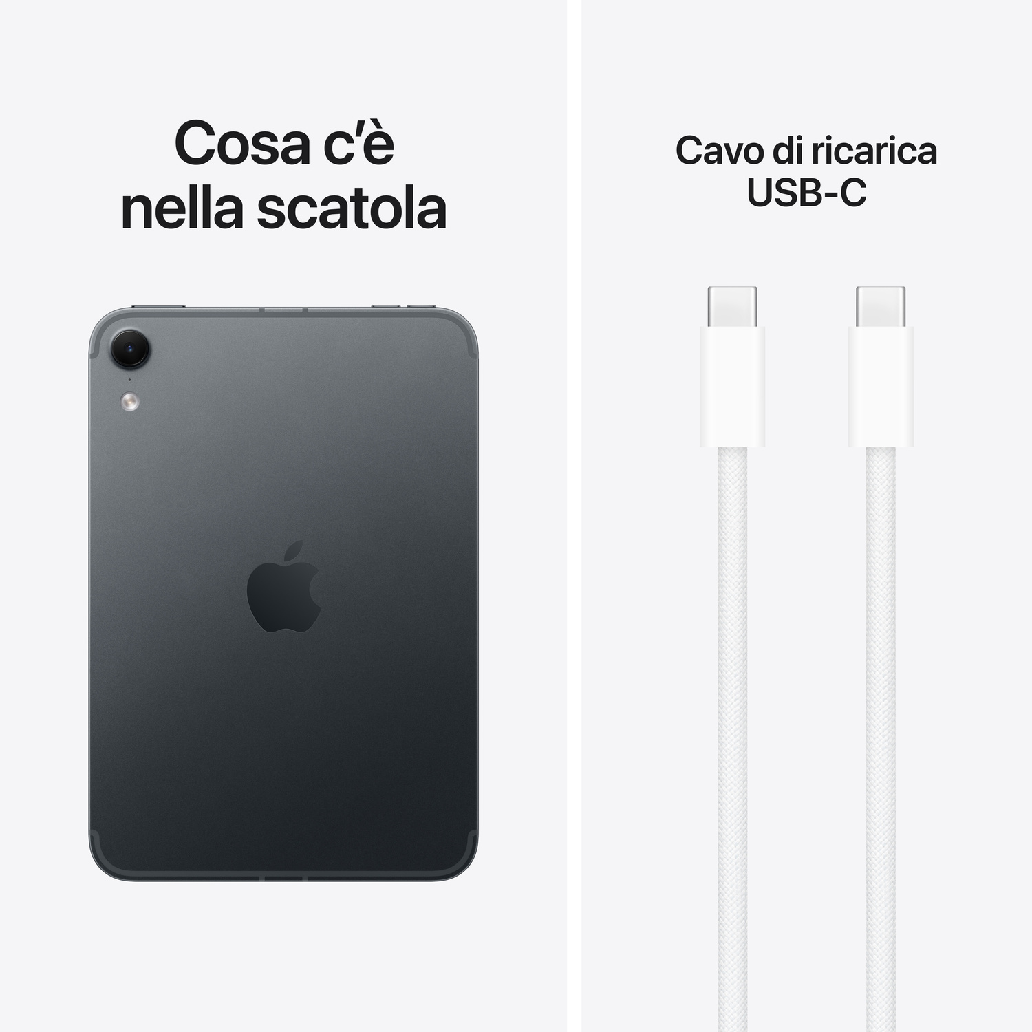 Cosa c'è nella scatola: un tablet scuro e un cavo di ricarica USB-C su sfondo chiaro.