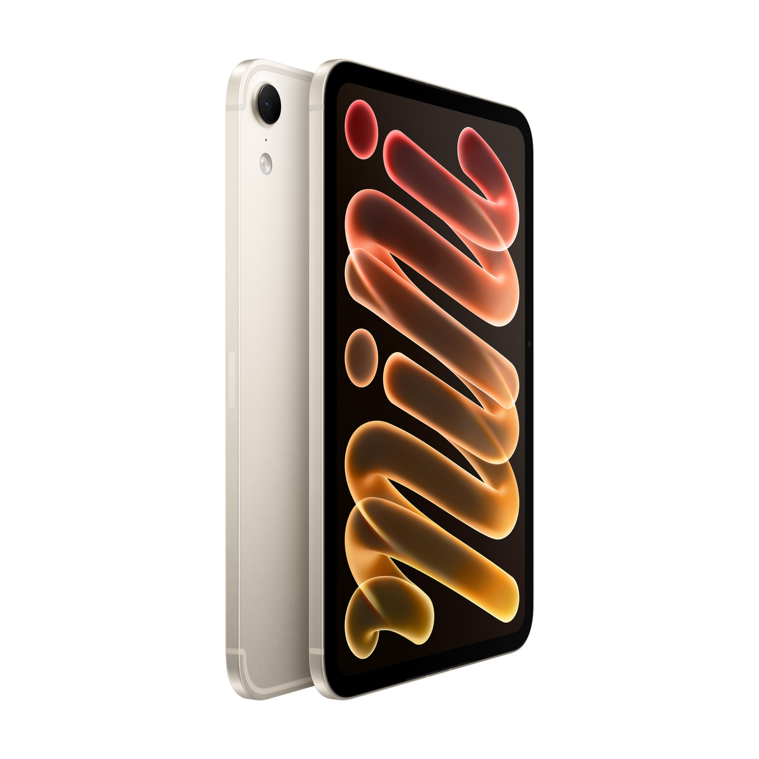 Un tablet argentato con un motivo astratto ondulato arancione e rosso sullo schermo.