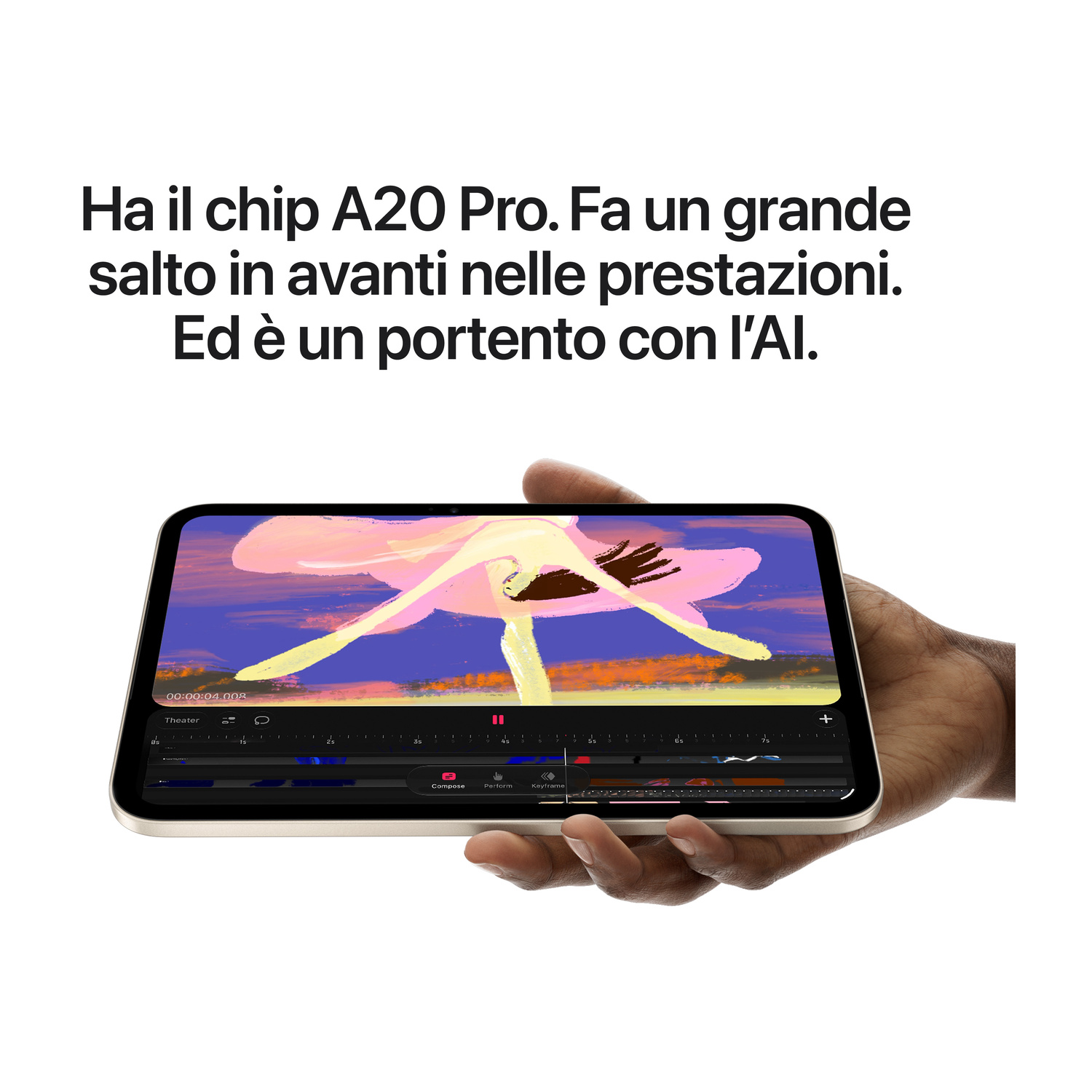 Una mano tiene un tablet che mostra un'app d'arte colorata con testo sopra.