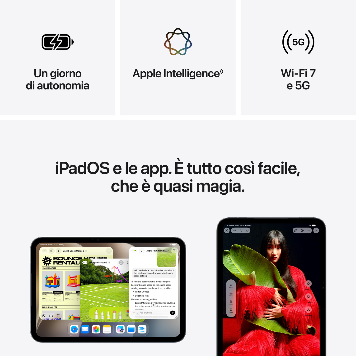 Funzioni di iPadOS con icone per batteria, Apple Intelligence e Wi-Fi 7, e due tablet con app.