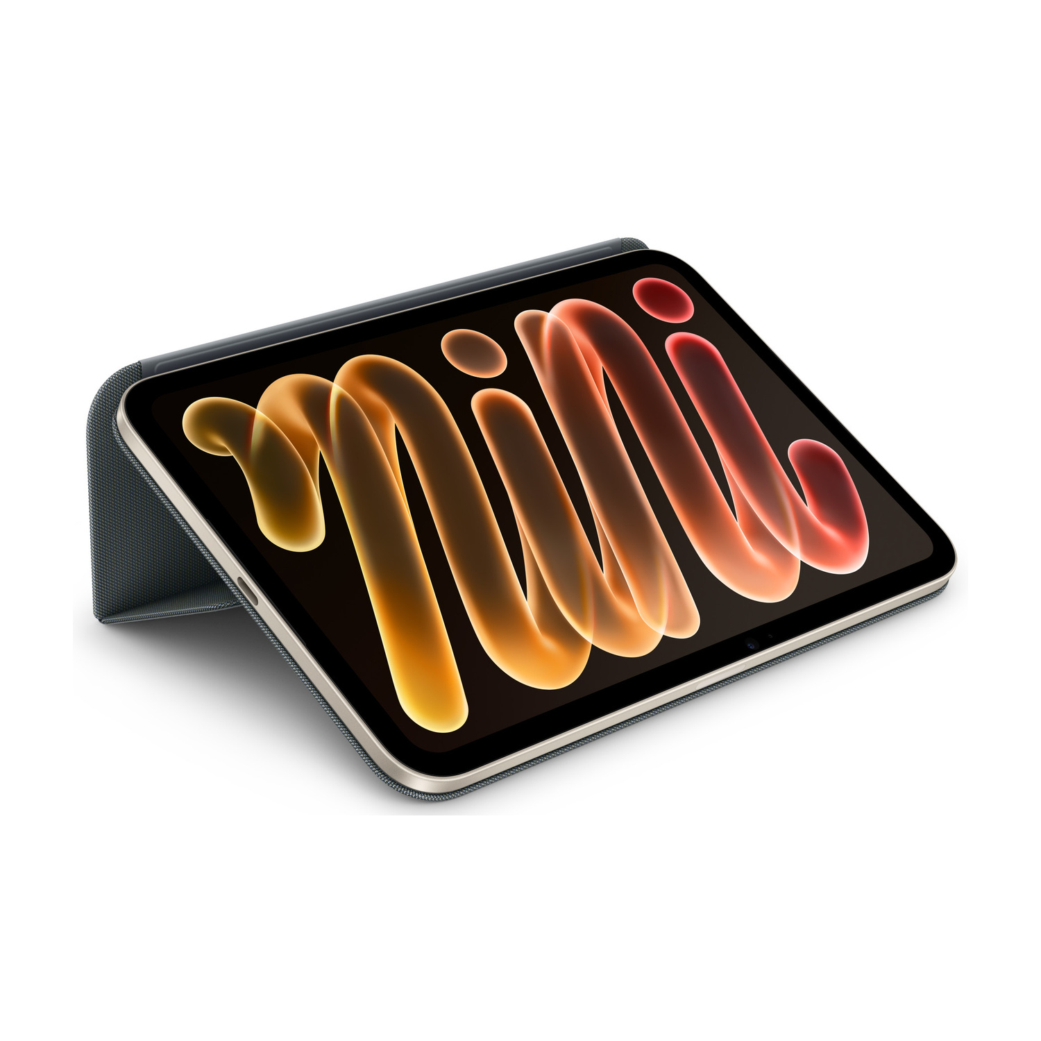 Un tablet in un supporto grigio mostra un motivo astratto a onde di colore sullo schermo.