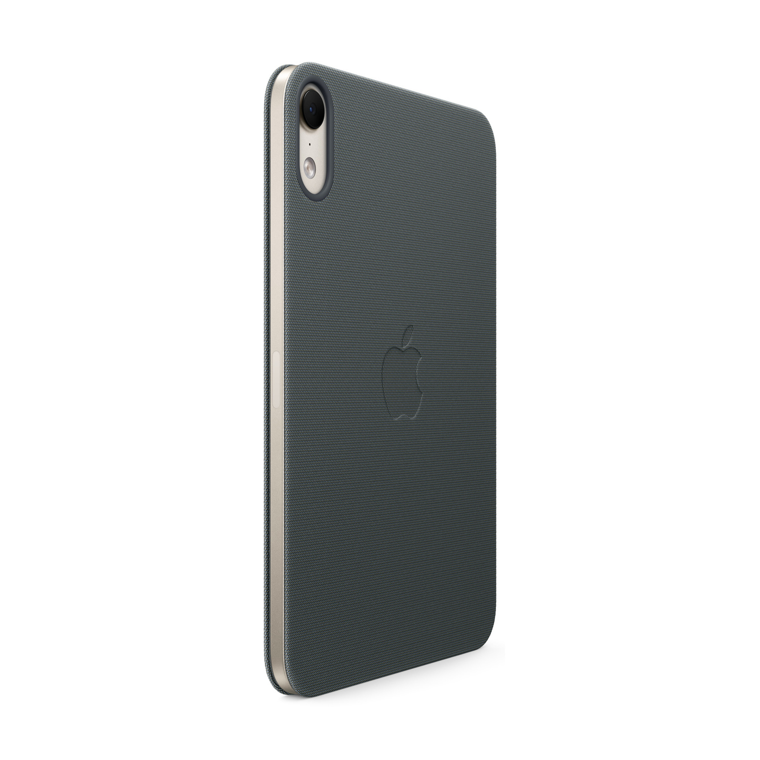 Retro di uno smartphone in una custodia protettiva grigia con logo Apple su sfondo bianco.