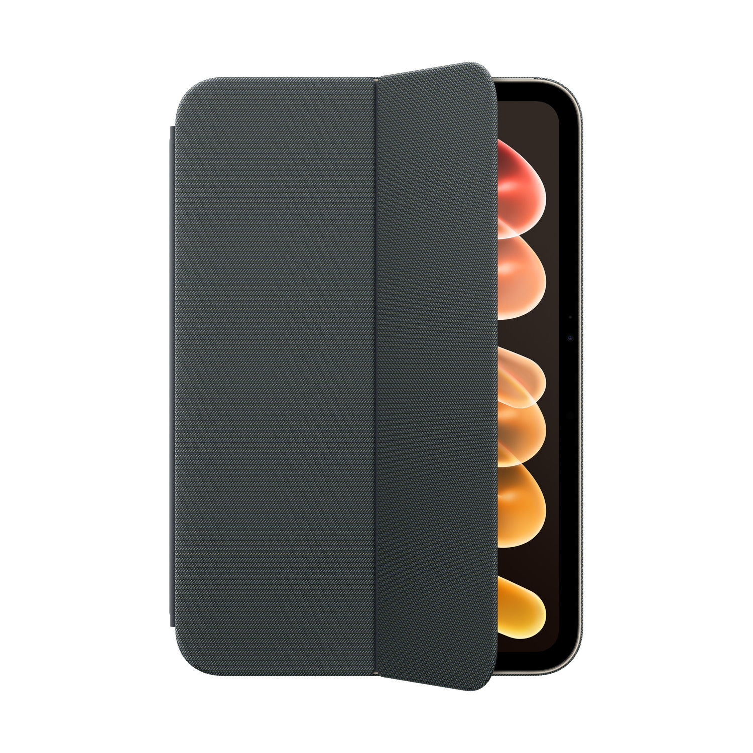 Un tablet con custodia a libro in tessuto scuro che copre parzialmente lo schermo.