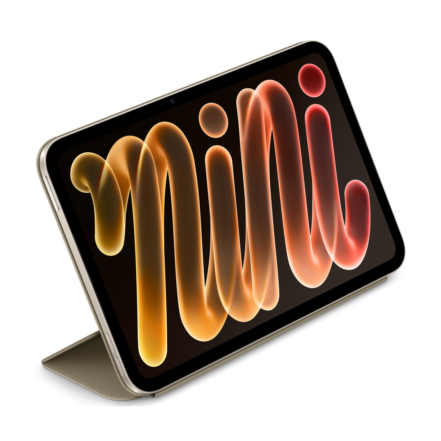 Un iPad mini in posizione orizzontale su un supporto chiaro; lo schermo mostra una grafica luminosa e curva con la scritta "mini".