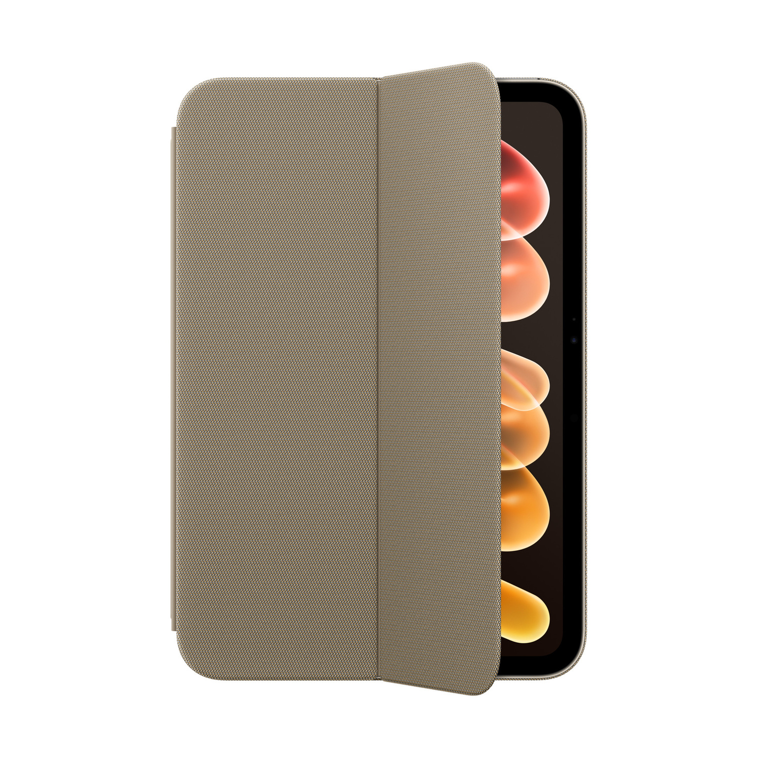 Una custodia grigia per tablet copre parzialmente lo schermo colorato.