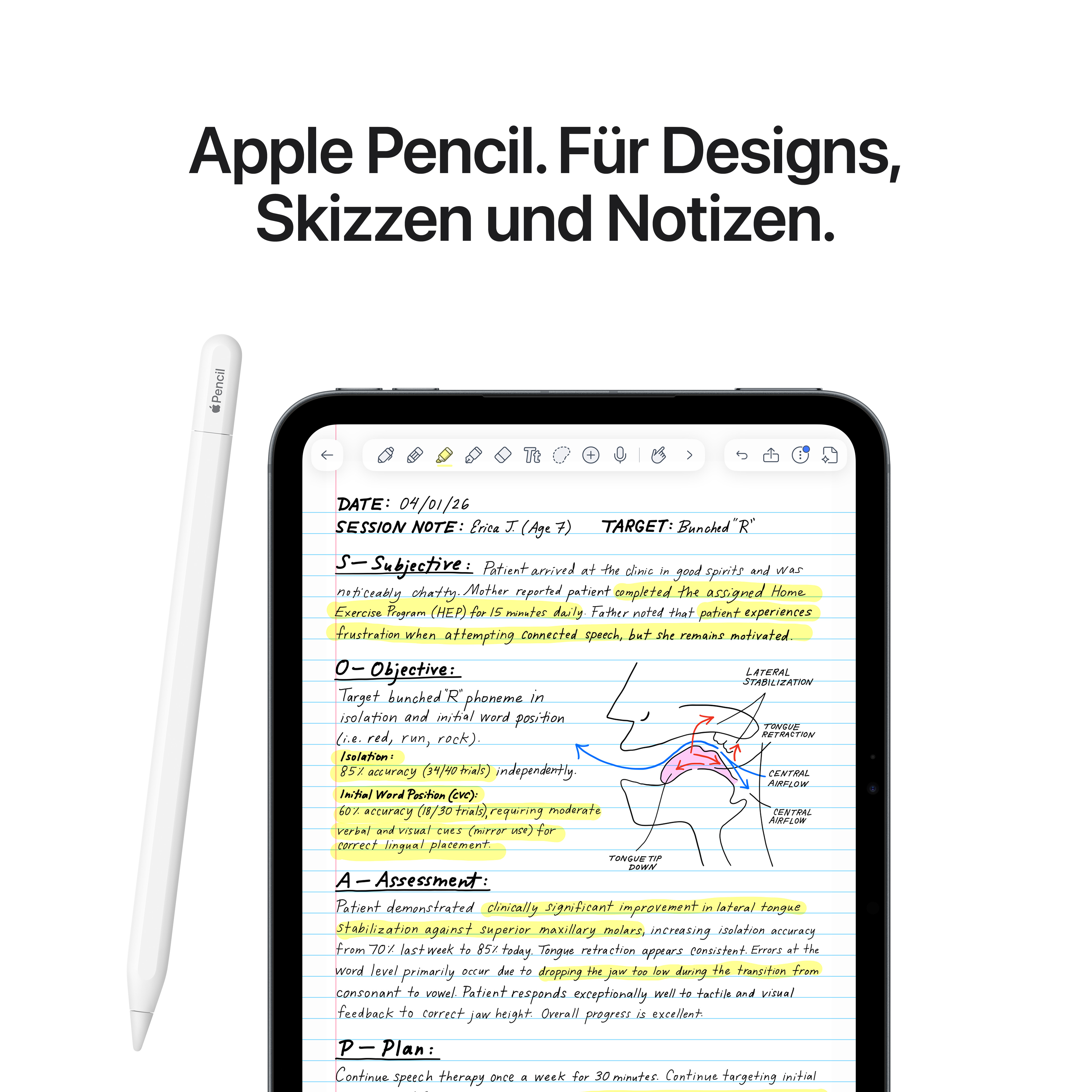 Ein Apple Pencil liegt neben einem Tablet, das handschriftliche Notizen und ein Diagramm zeigt.