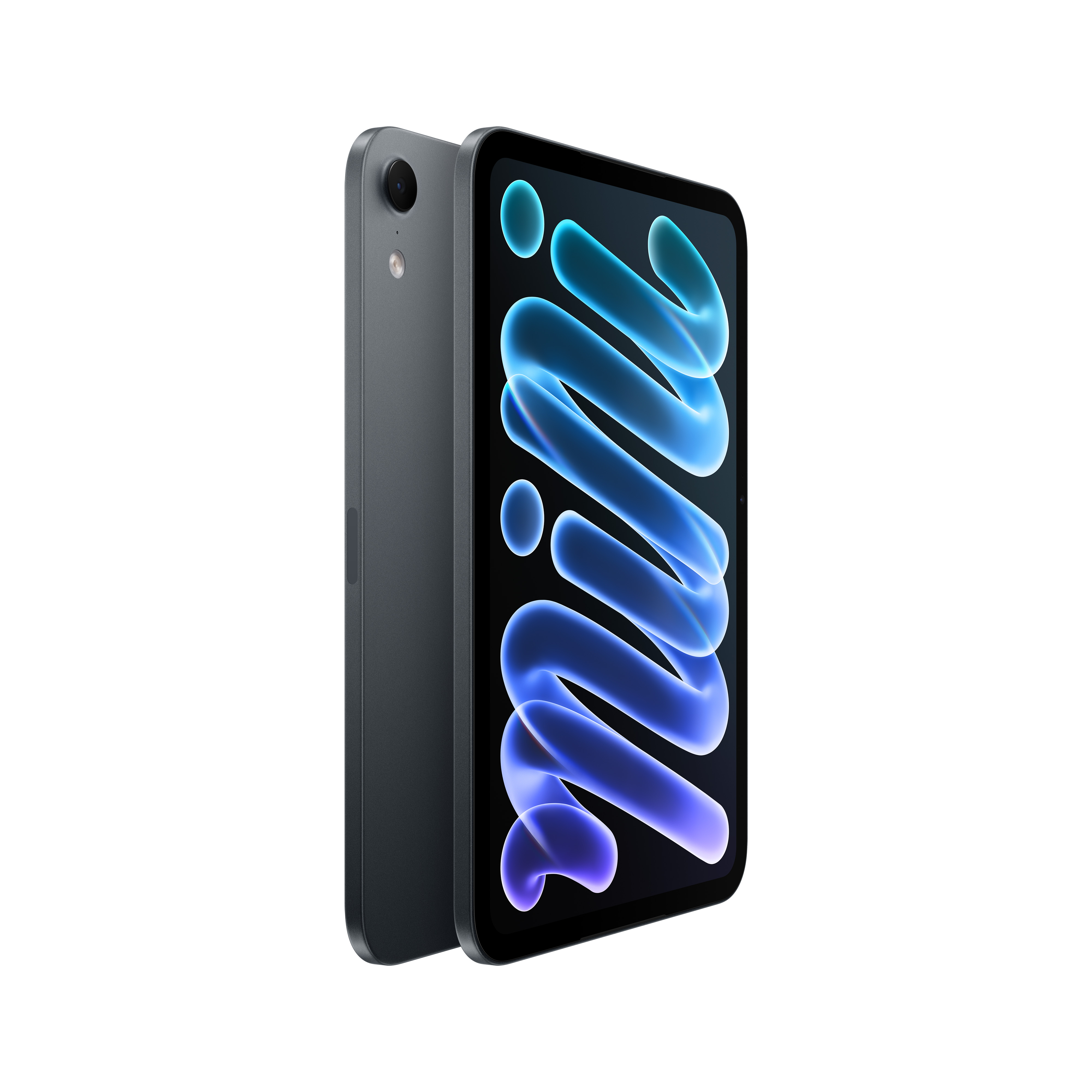 Graues Tablet mit blauem geschwungenem Muster auf dem Display und Kamera auf der Rückseite.