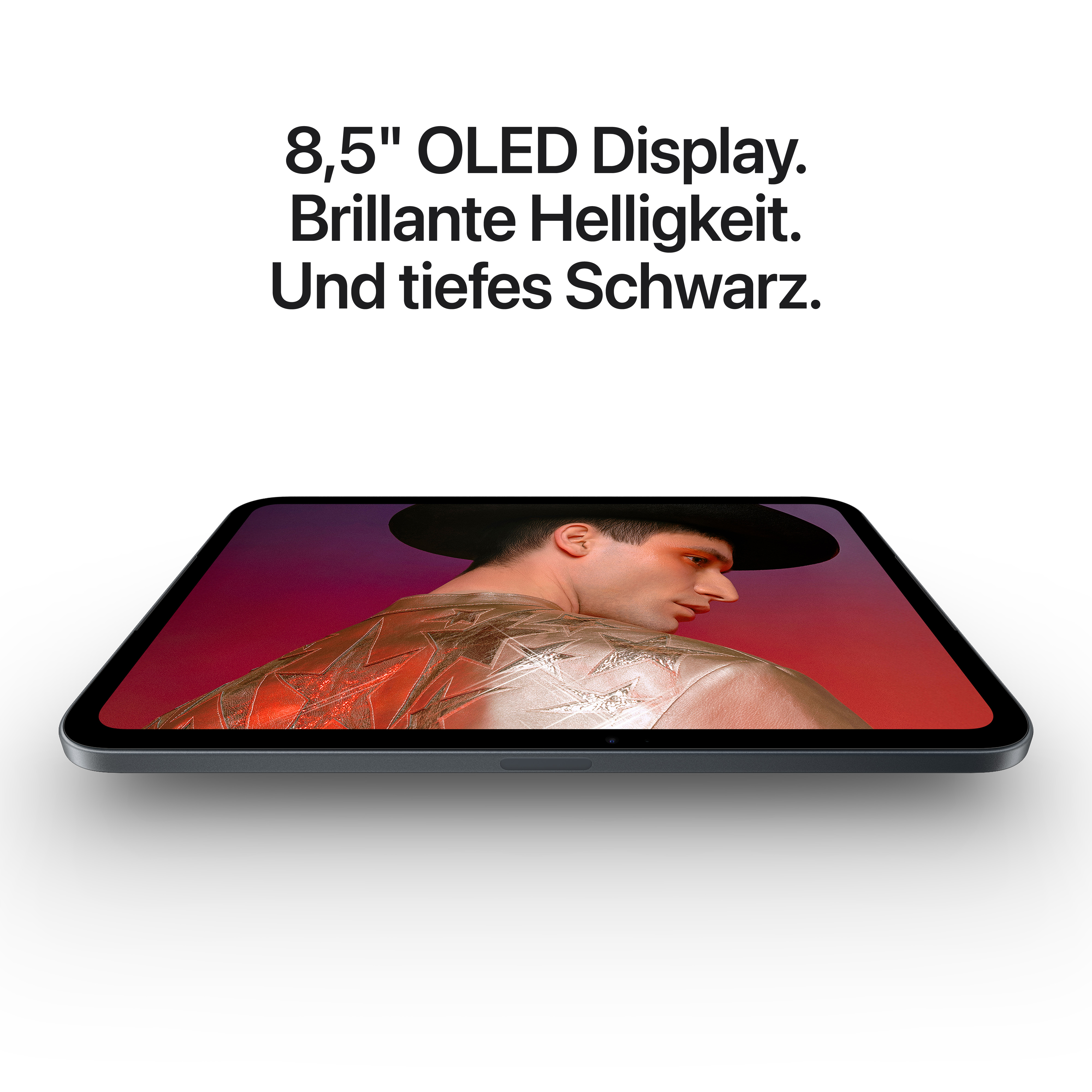 Ein Tablet mit OLED-Display zeigt das Porträt eines Mannes vor rotem Hintergrund.