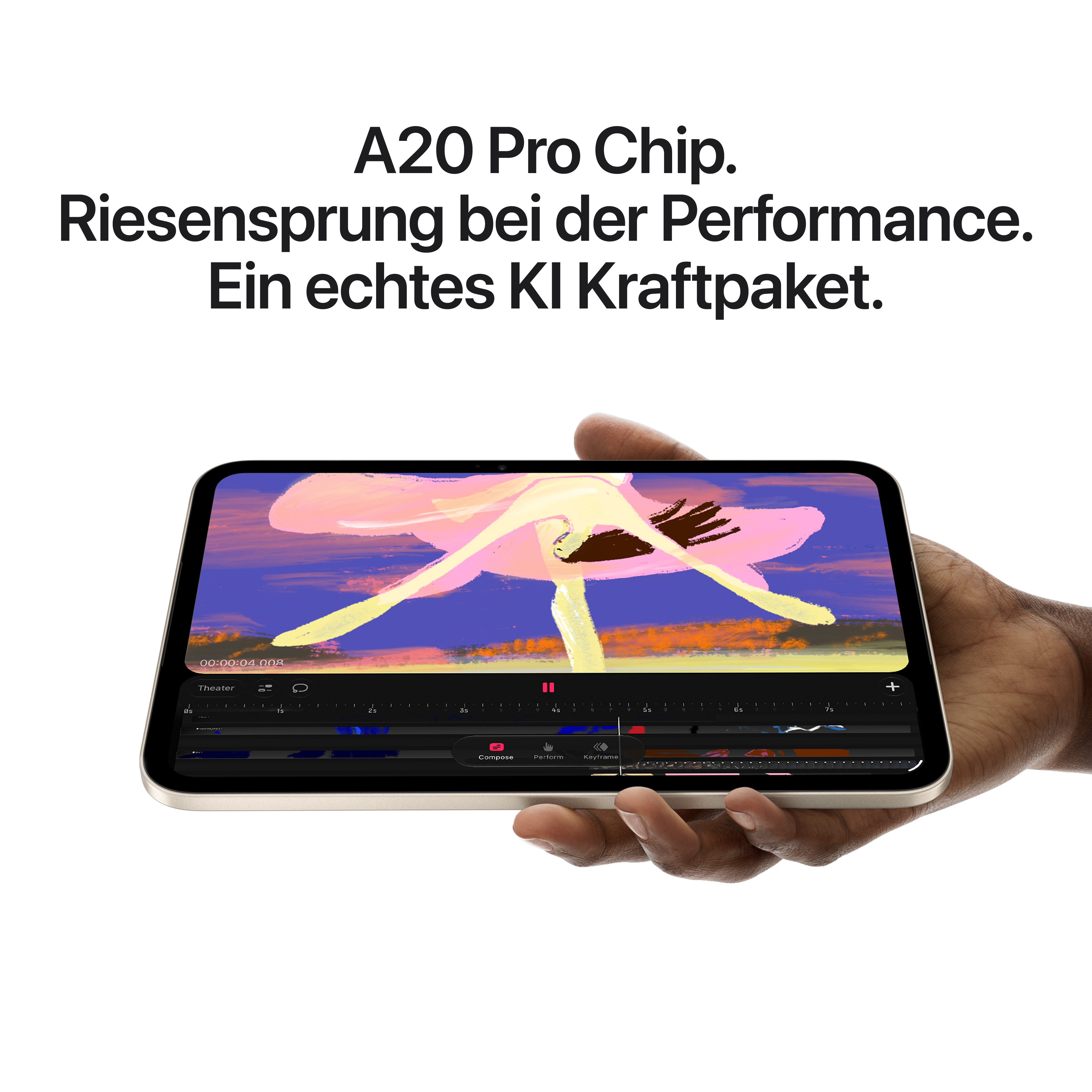 Ein handgehaltenes Tablet zeigt eine bunte Grafik und Videobearbeitungssoftware, mit Text oben.