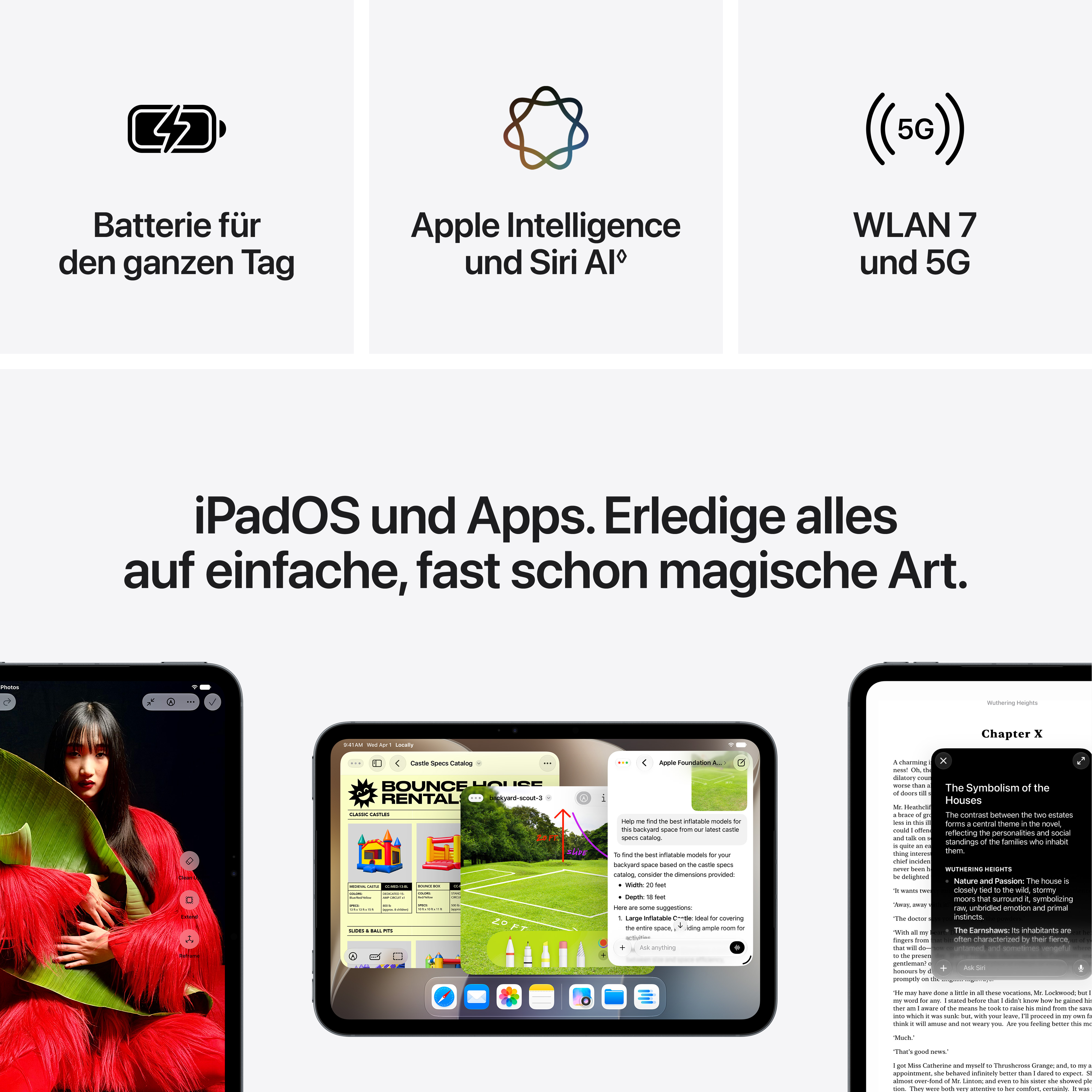 Produktwerbung mit Icons für Batterie, Apple Intelligence, WLAN 7 und 5G sowie iPads mit Apps.