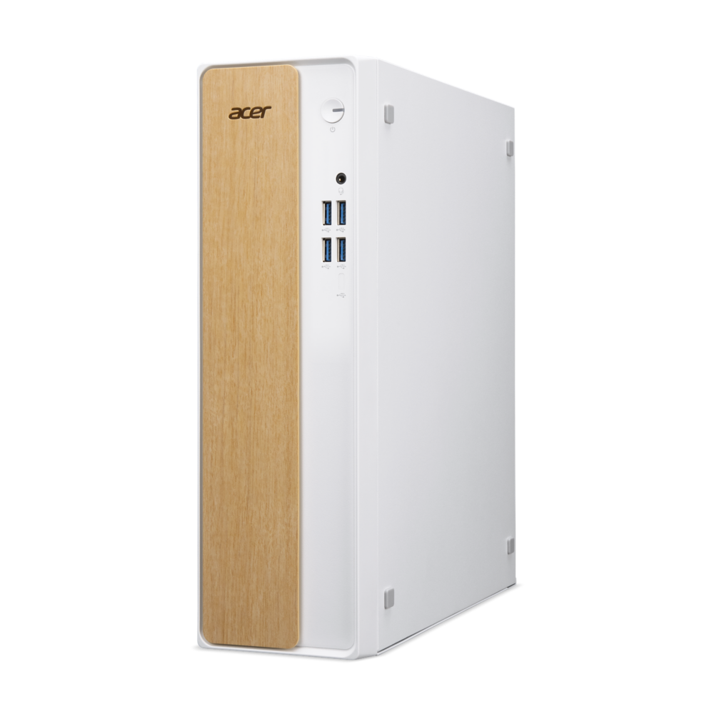 Weißer Acer Desktop-PC mit hölzernen Frontakzenten und USB-Anschlüssen.