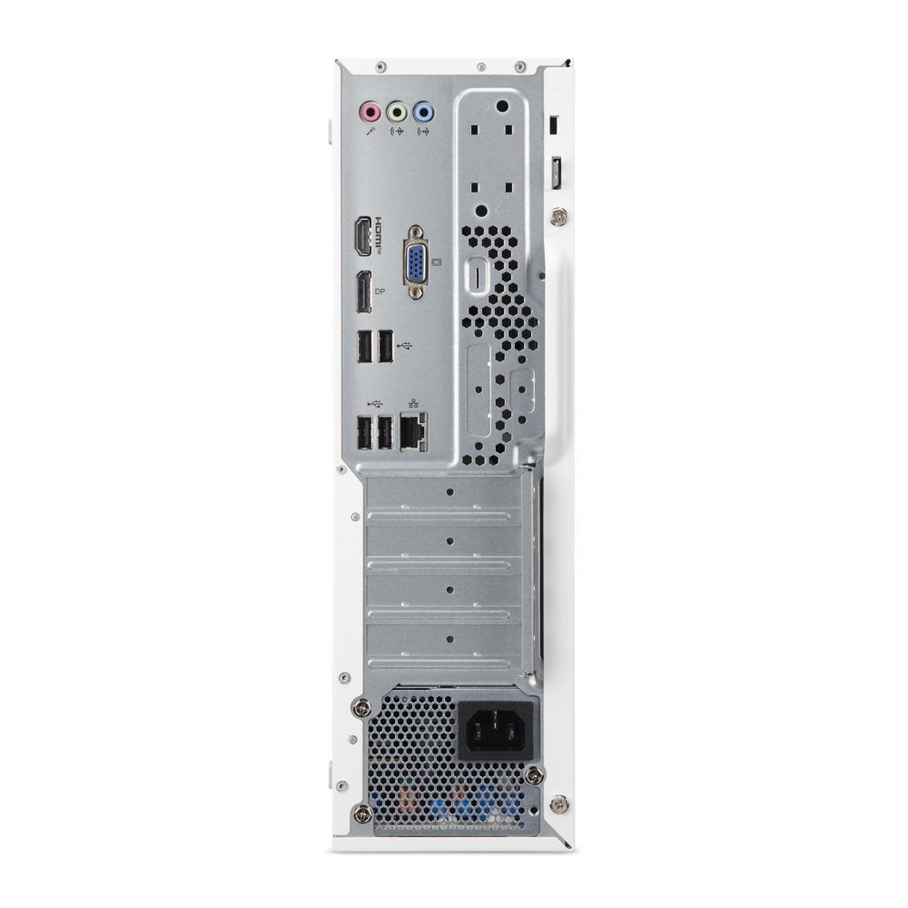 Rückseite eines weißen PC-Gehäuses mit Audio-, Video- und USB-Anschlüssen.