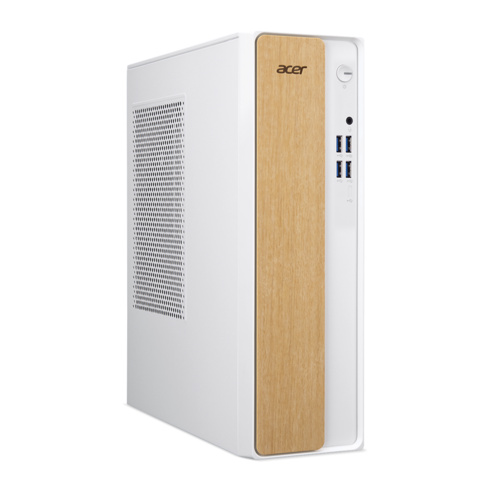 Weißer Acer-Desktop-Computer mit Holzfront und seitlichem Lüftungsgitter.